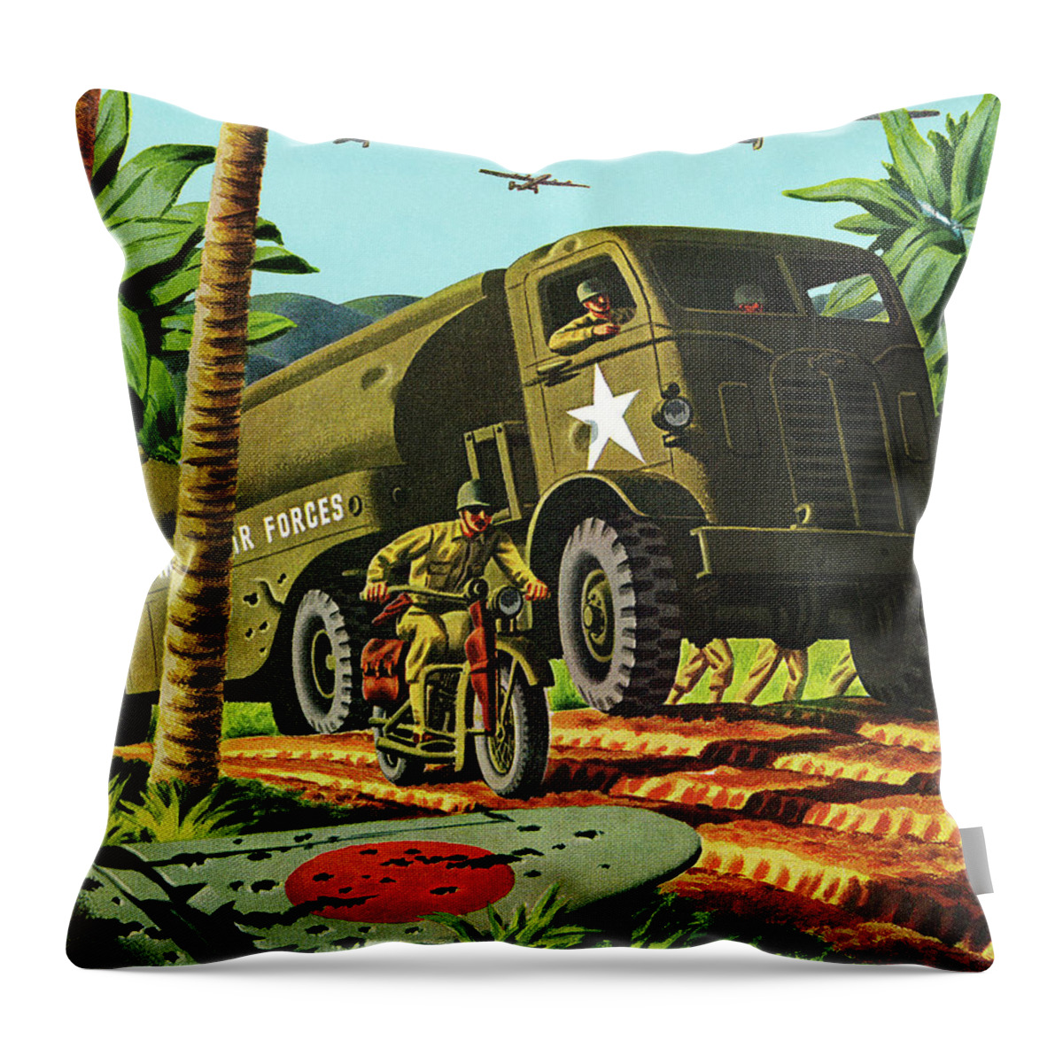Air Force Throw Pillow featuring the drawing Military Vehicles in the Jungle by CSA Images