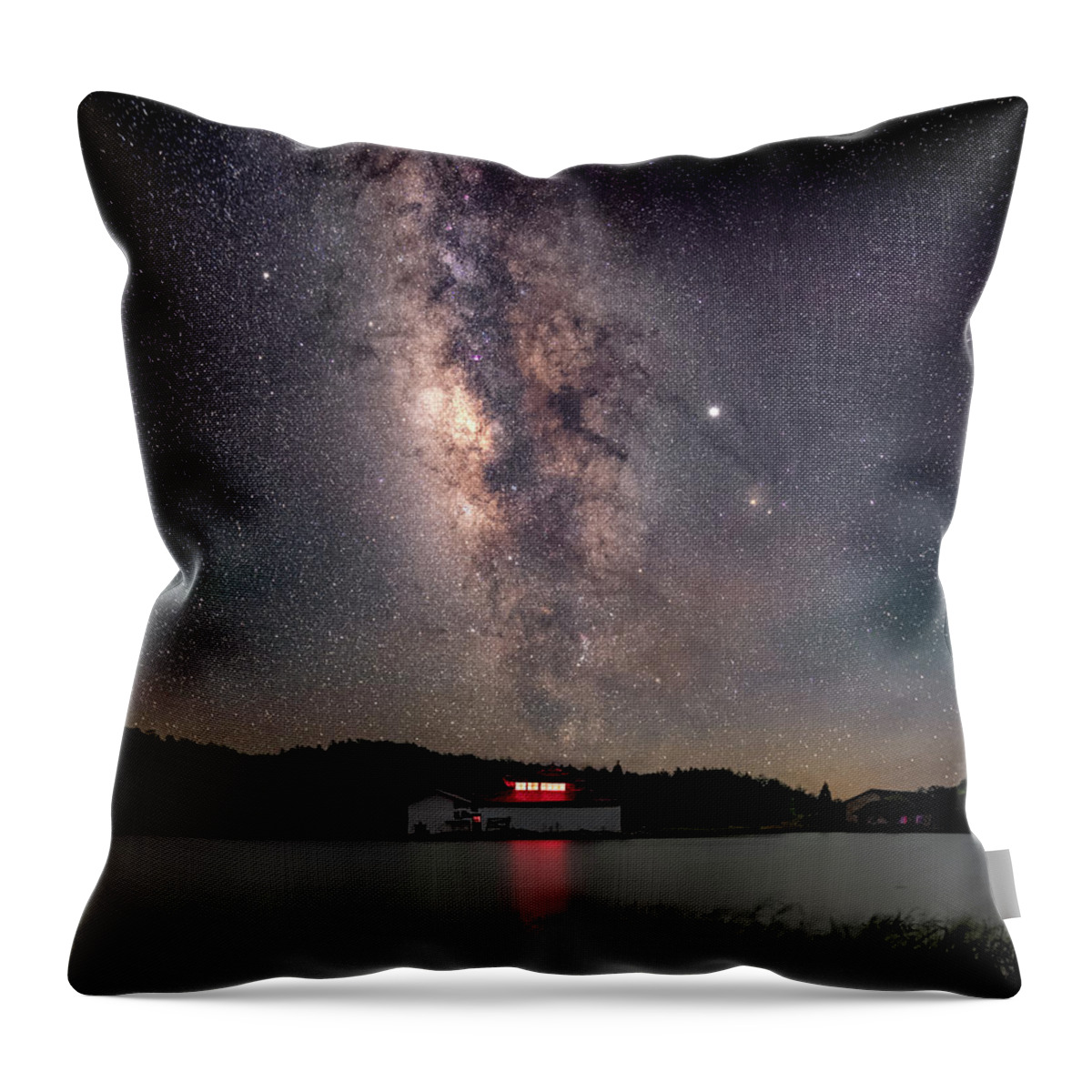 Milky Way Throw Pillow featuring the photograph Milky Way over the TianPing Mountain Lake Temple by William Dickman