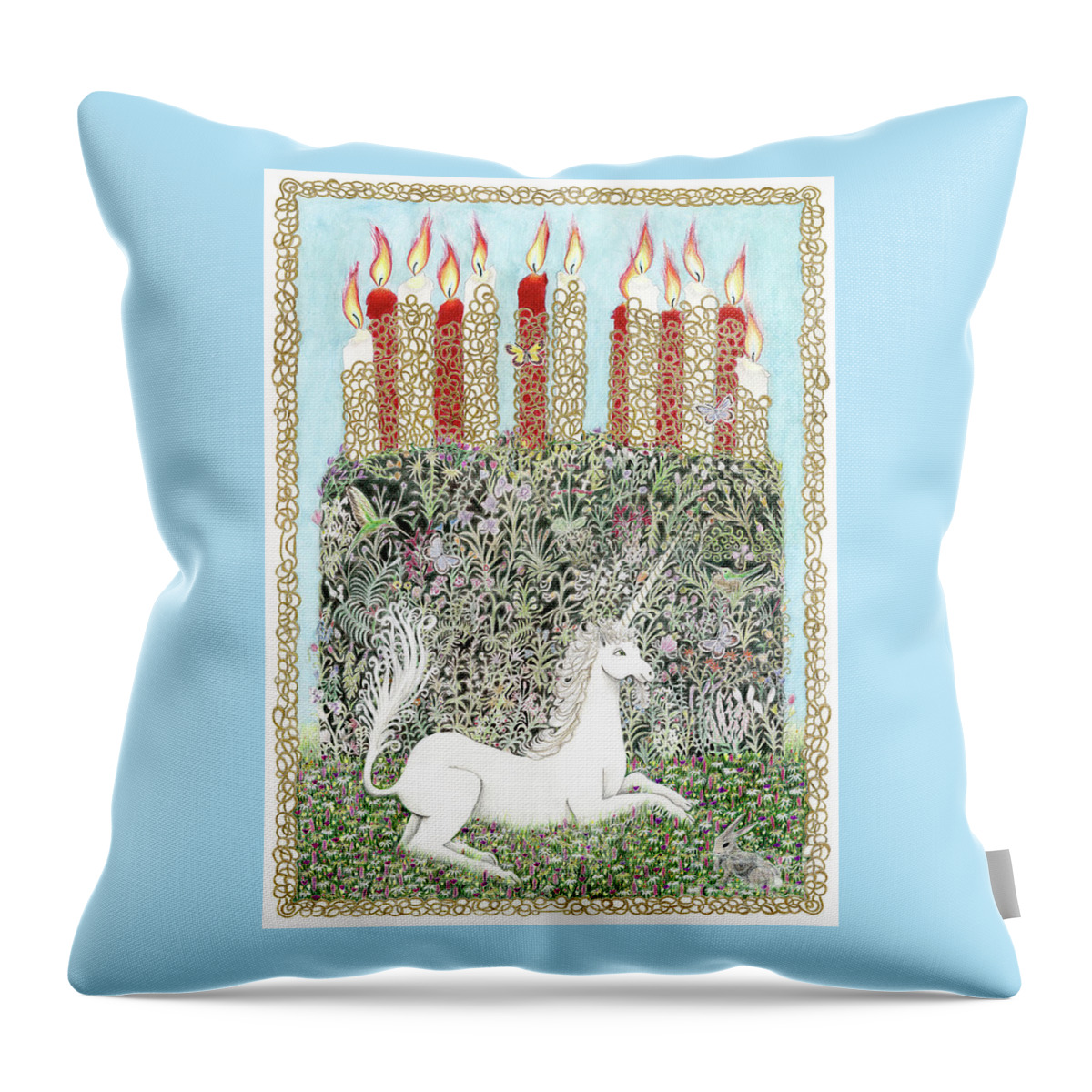 Unicorn Throw Pillow featuring the drawing Millefleurs Birthday Cake with Unicorn and Rabbit by Lise Winne
