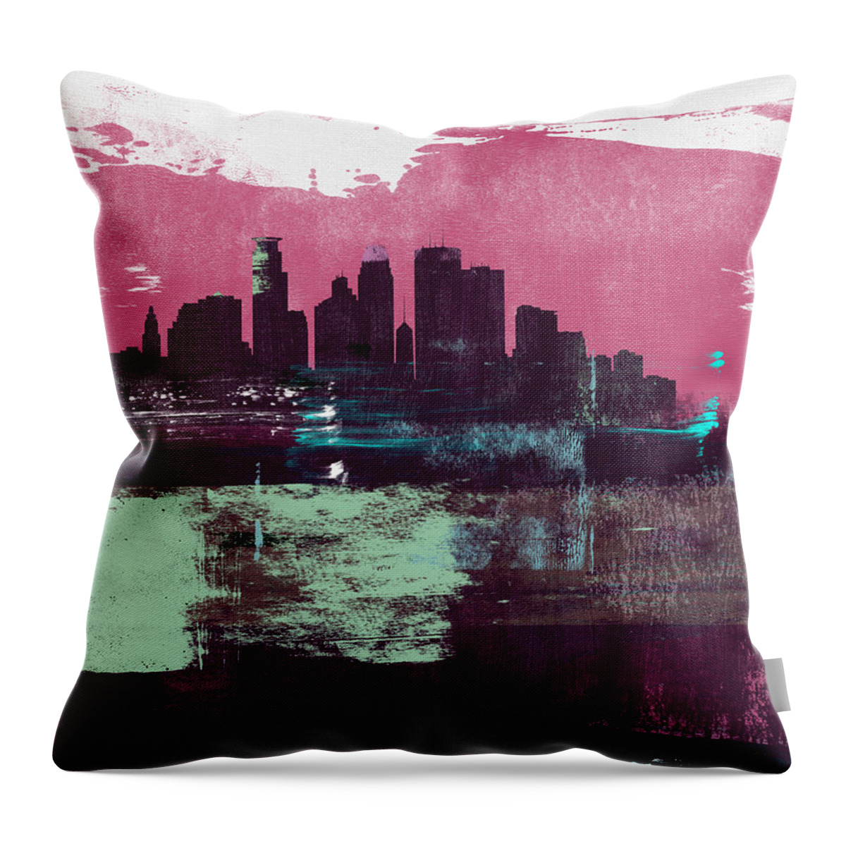 Minneapolis Throw Pillow featuring the mixed media Minneapolis Abstract Skyline I by Naxart Studio
