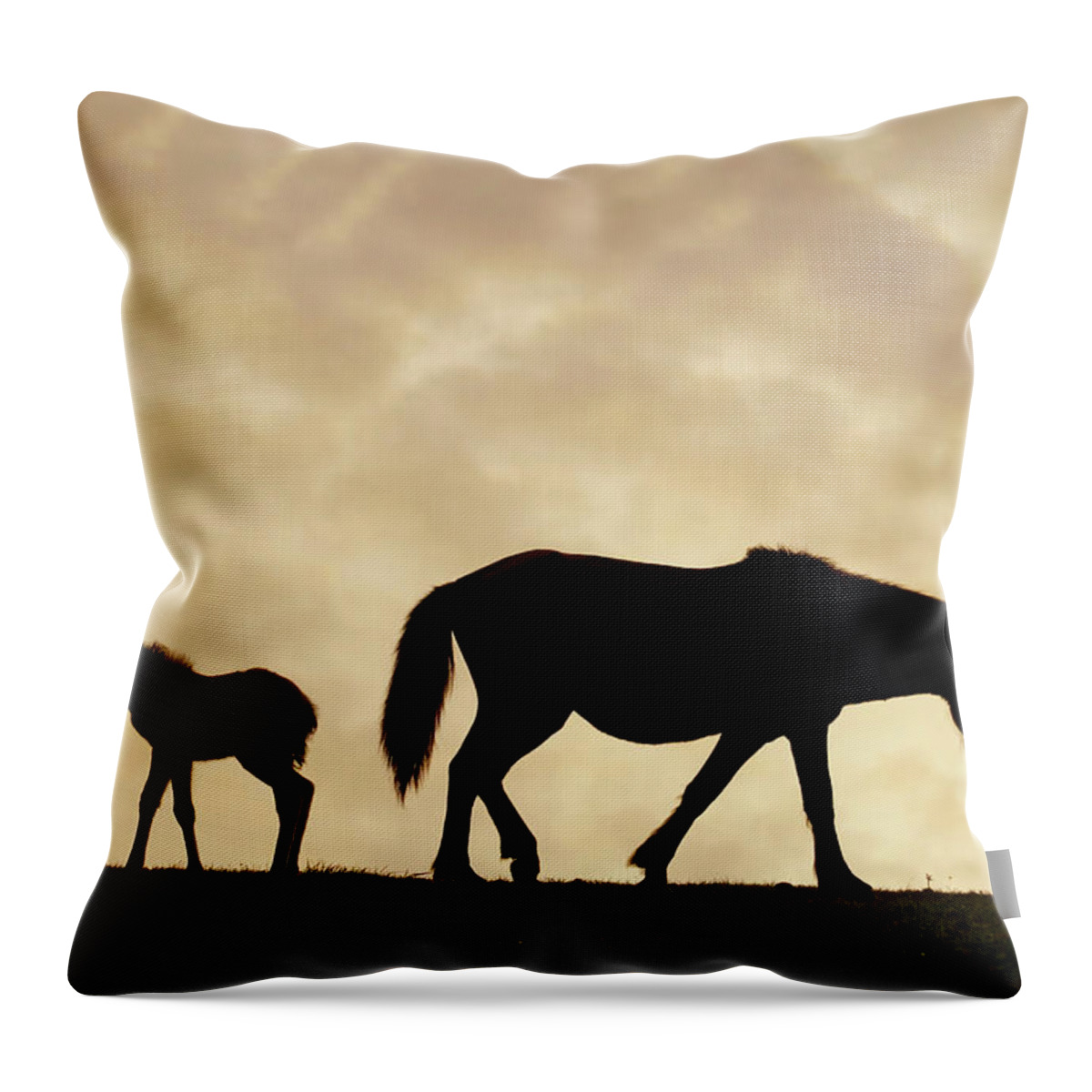 00648206 Throw Pillow featuring the photograph Miskai Horse Mare And Foal At Sunset by Hiroya Minakuchi