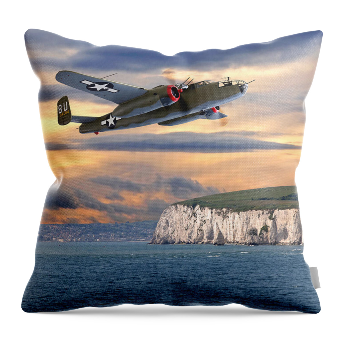 Aviation Throw Pillow featuring the photograph Mission Complete B-25 Over White Cliffs Of Dover by Gill Billington