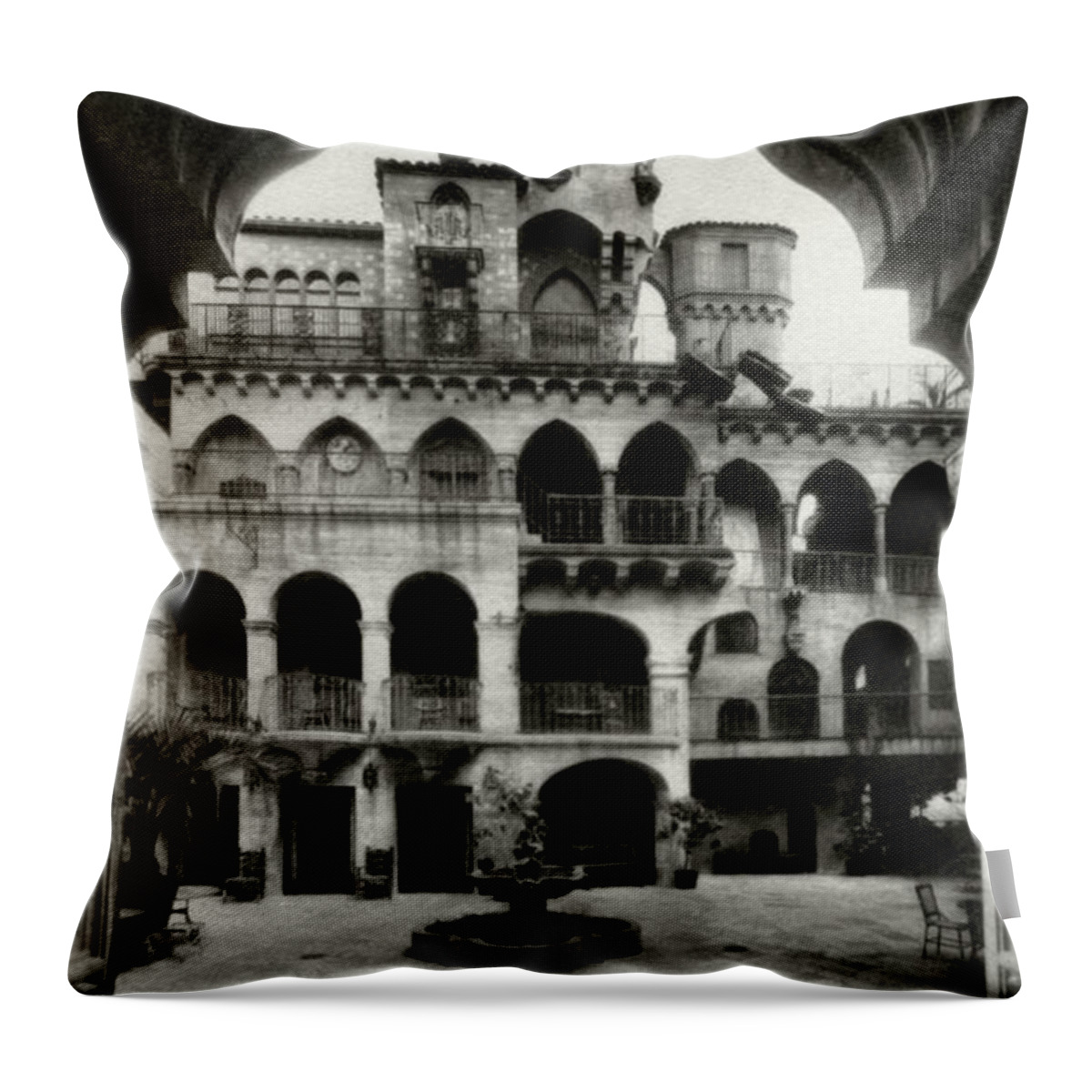 Mission Inn Throw Pillow featuring the photograph Mission Inn - St. Francis Atrio - 1930s by Sad Hill - Bizarre Los Angeles Archive
