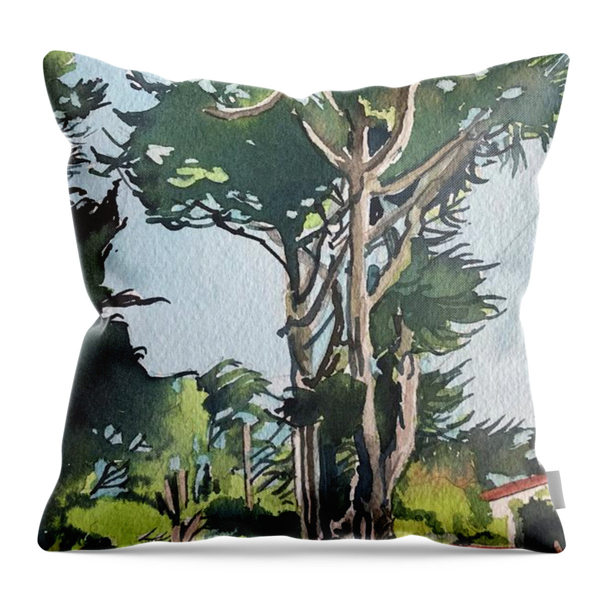 California Throw Pillow featuring the painting Mission in Carmel. by Luisa Millicent