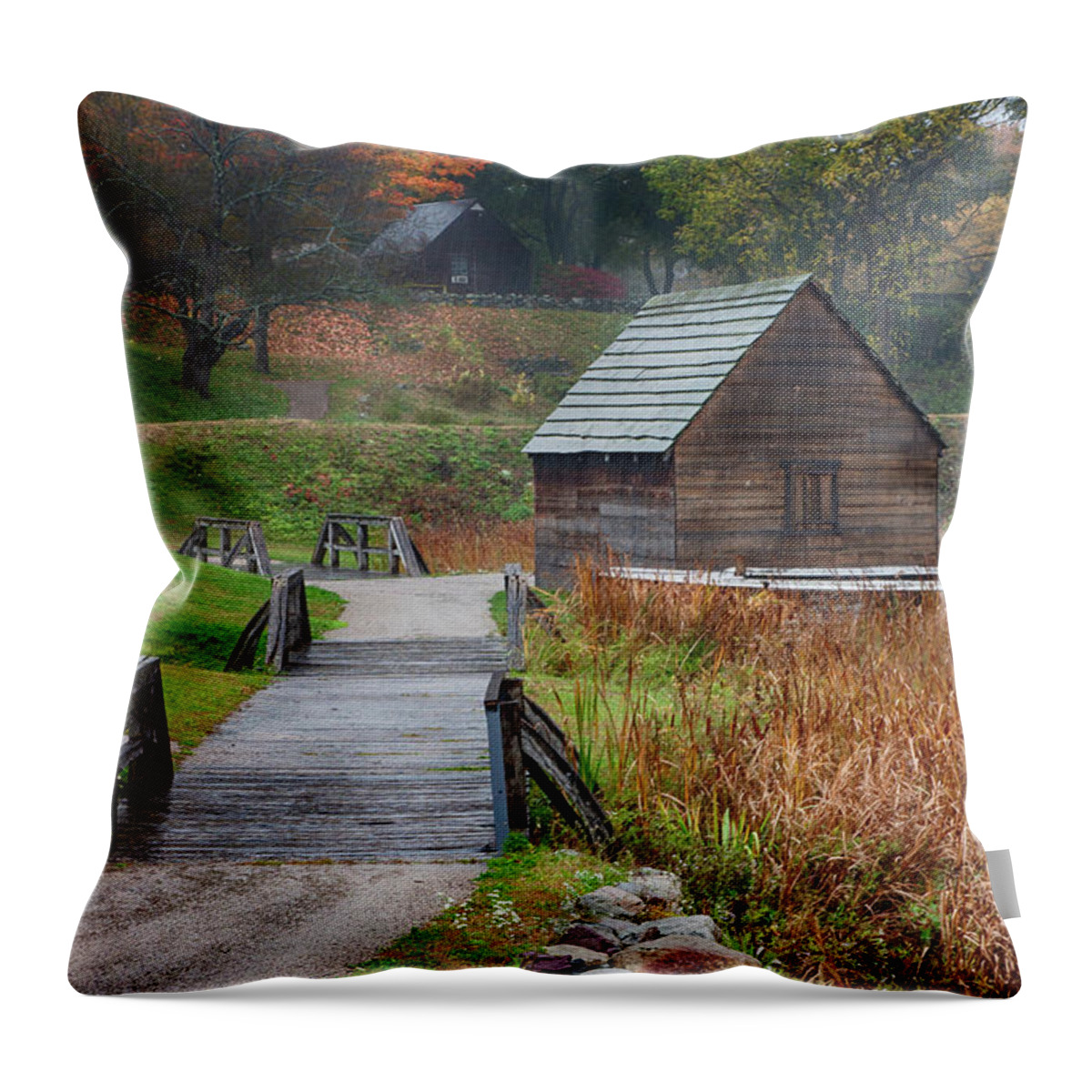 Autumn Foliage Massachusetts Throw Pillow featuring the photograph misty morning at Saugus Ironworks by Jeff Folger