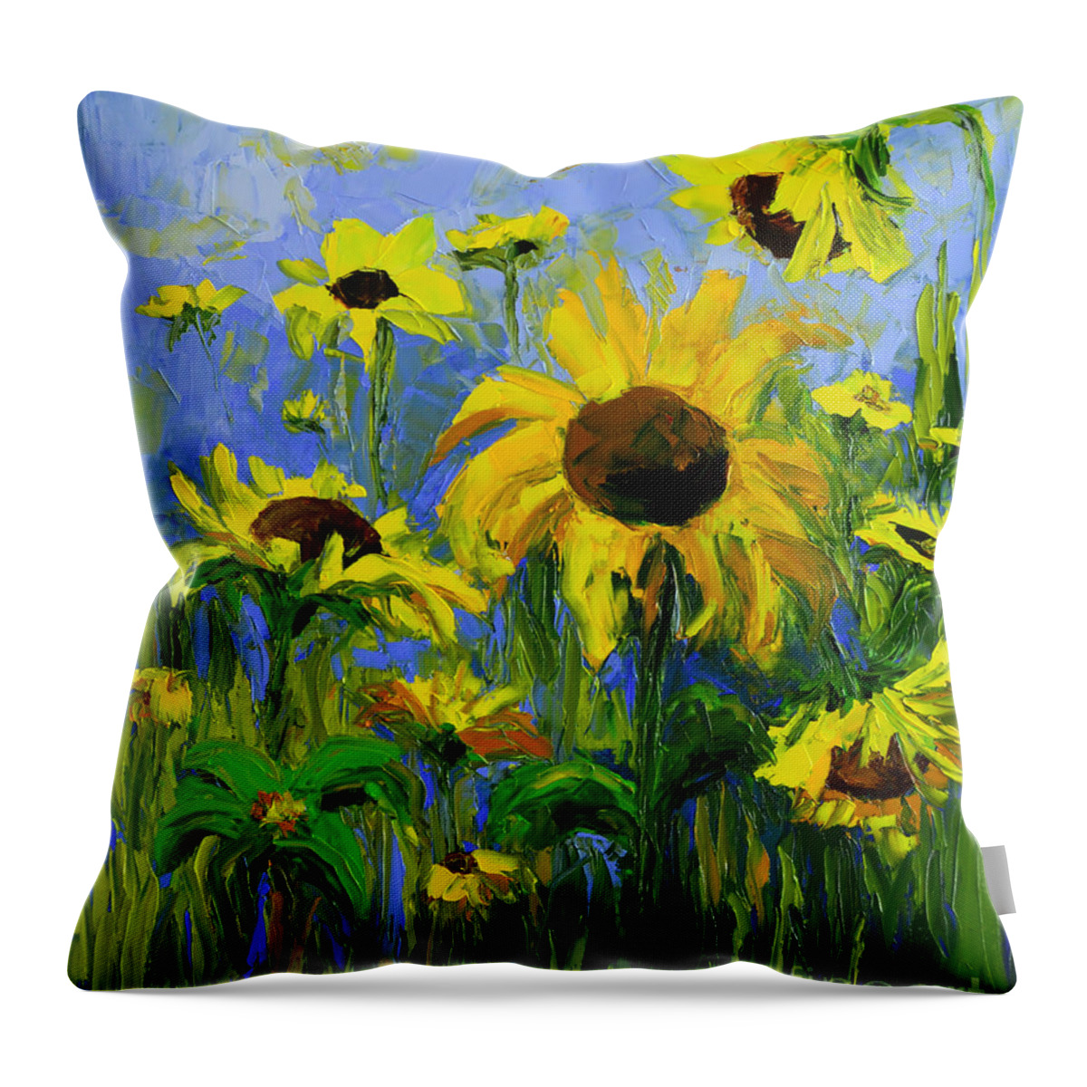 Sunflower Field Throw Pillow featuring the painting Misty Morning - Sunflower Field oil painting, landscape art by Patricia Awapara
