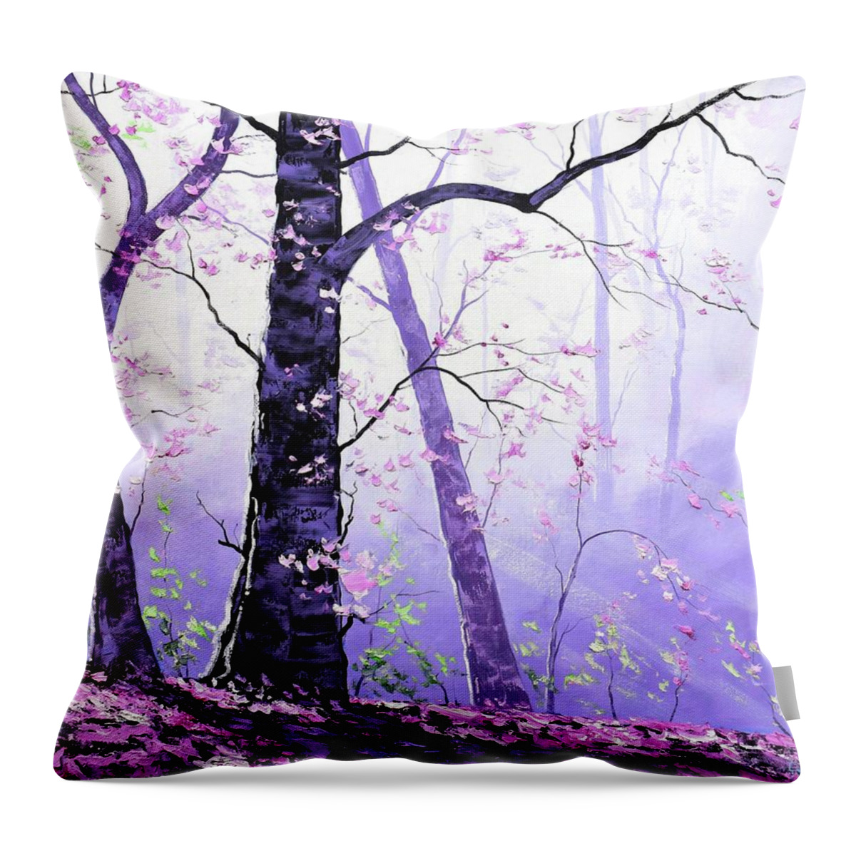 Large Trees Throw Pillow featuring the painting Misty pink trees Forest by Graham Gercken