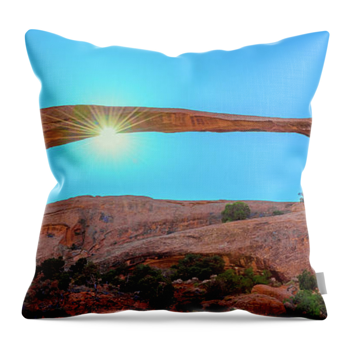 Moab Landscape Arch Throw Pillow featuring the photograph Moab Landscape Arch Sun Star 2.5 to 1 Ratio by Aloha Art