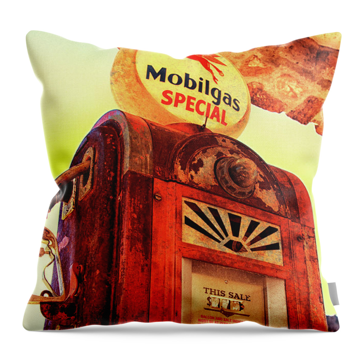 Mobilgas Throw Pillow featuring the photograph Mobilgas Special - Vintage Wayne Pump by Tatiana Travelways