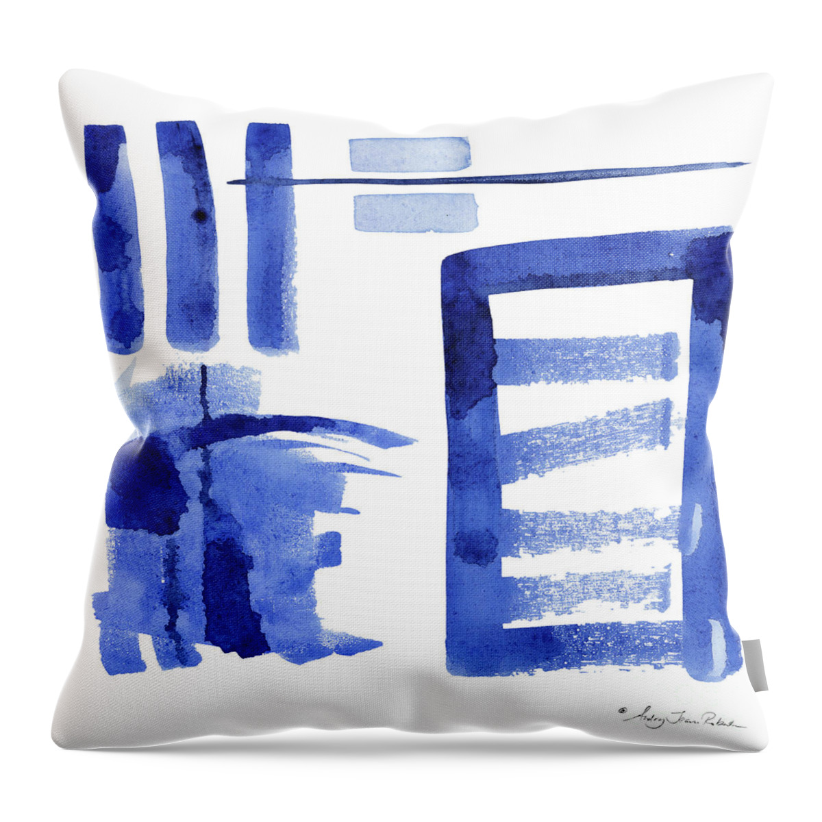 Geometric Throw Pillow featuring the painting Modern Asian Inspired Abstract Blue and White 2 by Audrey Jeanne Roberts