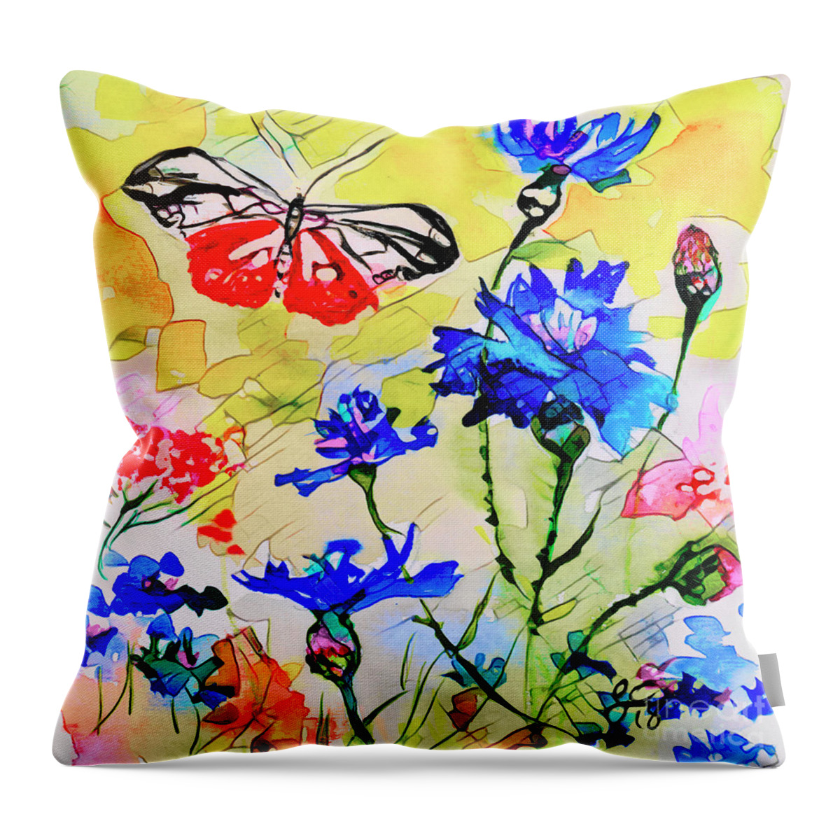 Cornflowers Throw Pillow featuring the mixed media Modern Floral Art Butterfly Cornflowers by Ginette Callaway