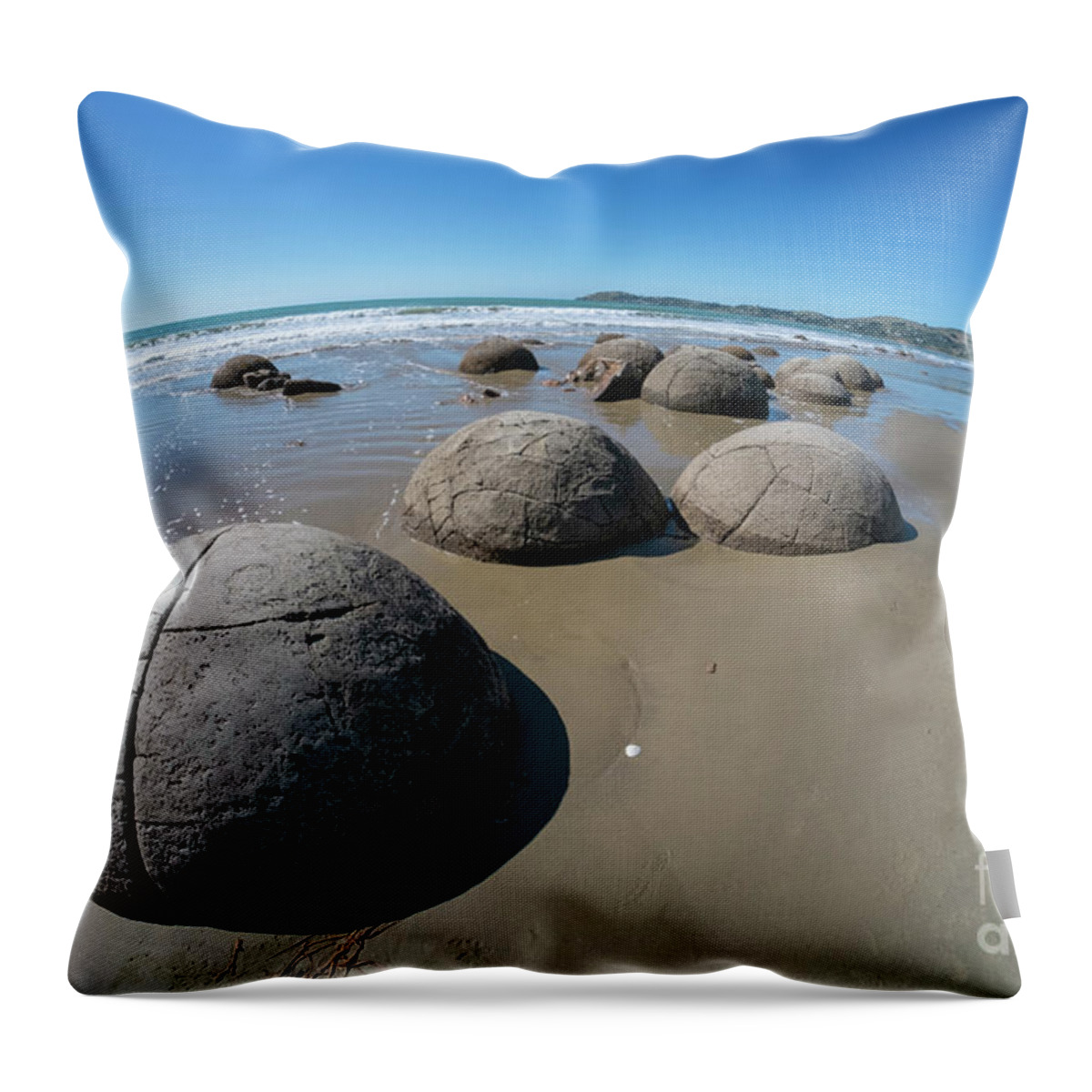 Moeraki Throw Pillow featuring the photograph Moeraki Boulders g7 by Dan Yeger