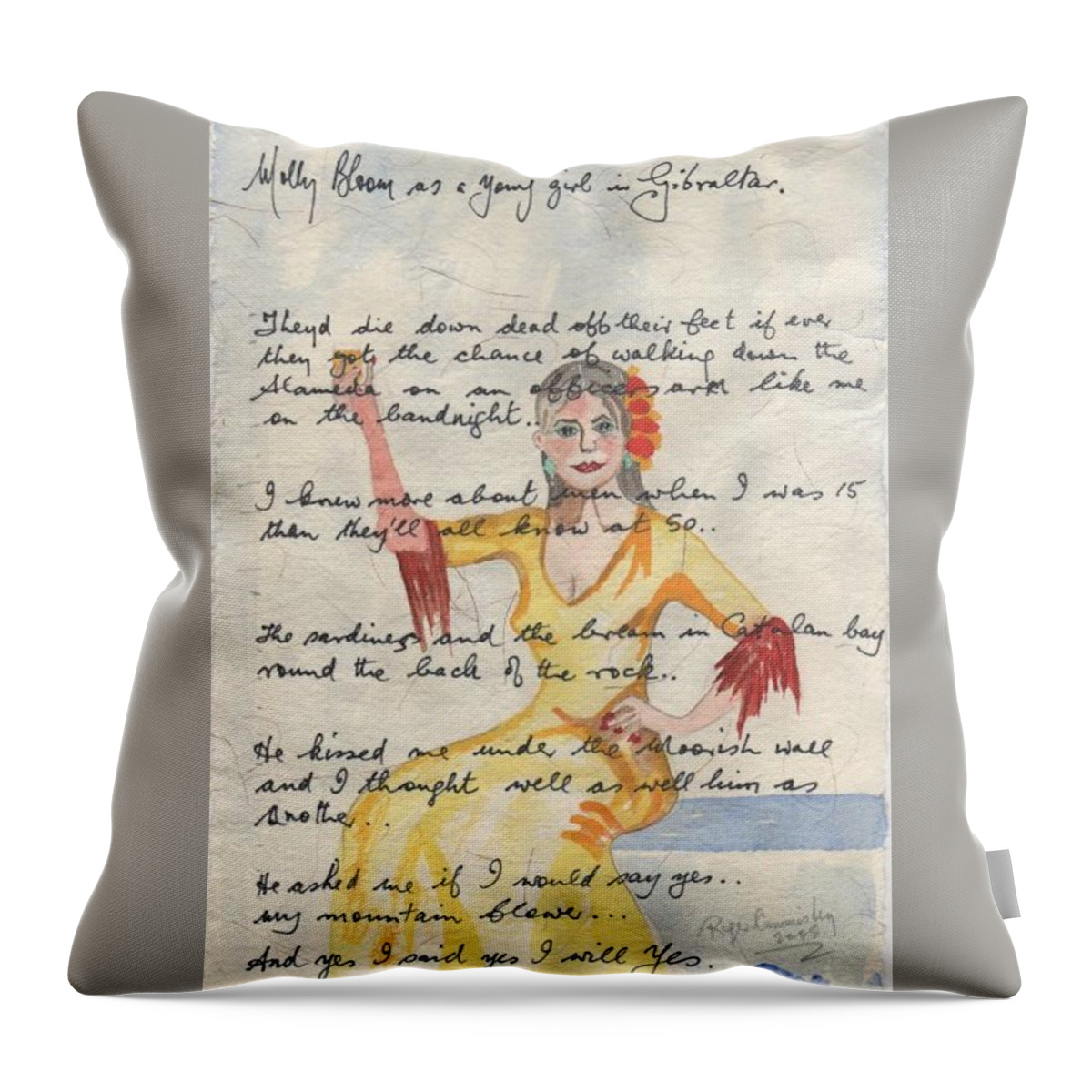 James Joyce Throw Pillow featuring the painting Molly Bloom As A Young Girl In Gibraltar by Roger Cummiskey