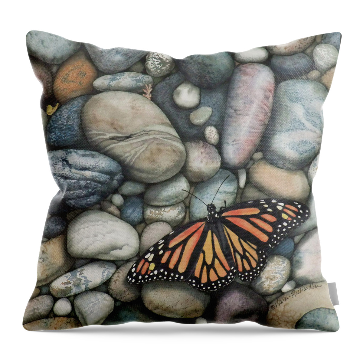 Pebbles Throw Pillow featuring the painting Monarch on the Rocks by Karen Richardson