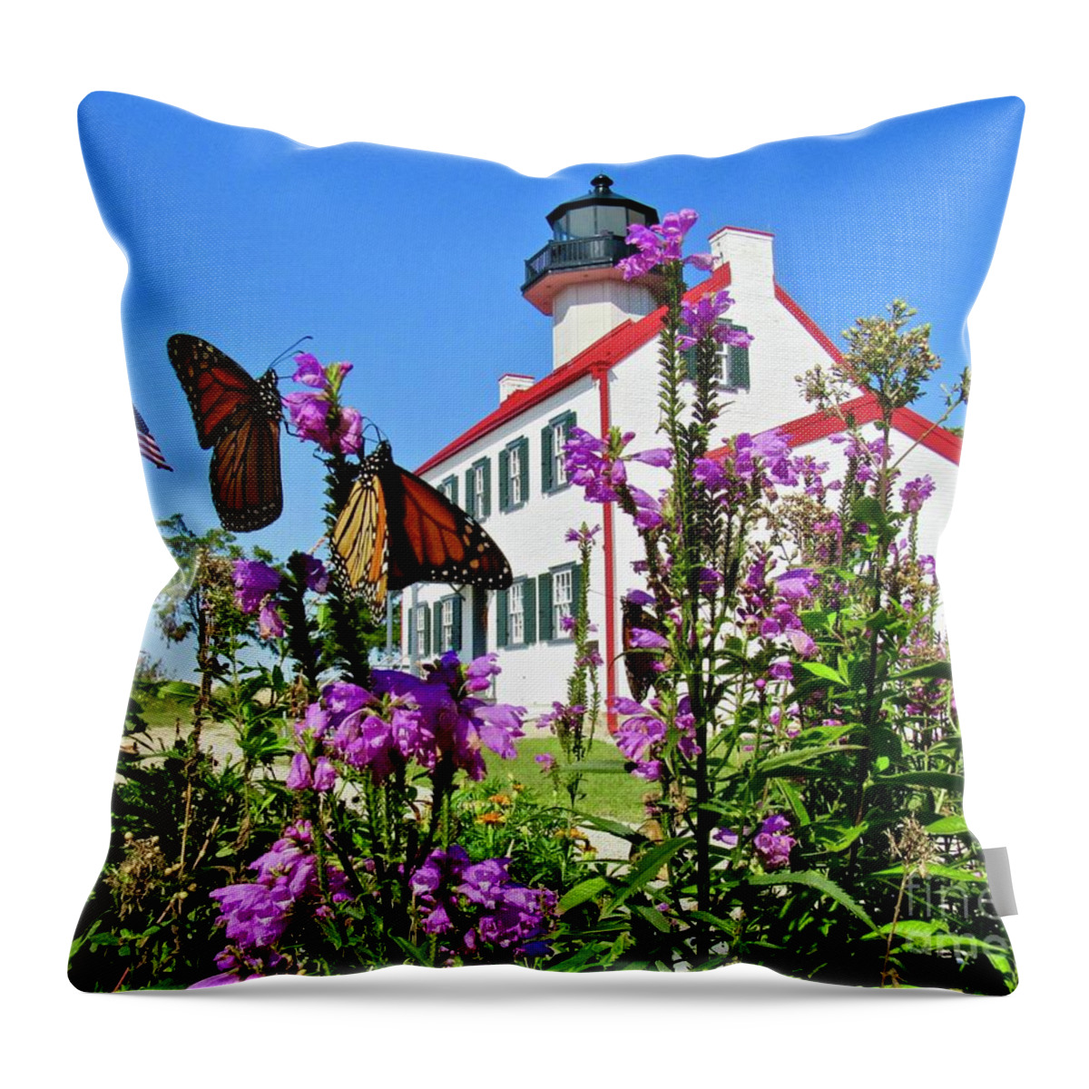 East Point Lighthouse Throw Pillow featuring the photograph Monarchs in September by Nancy Patterson