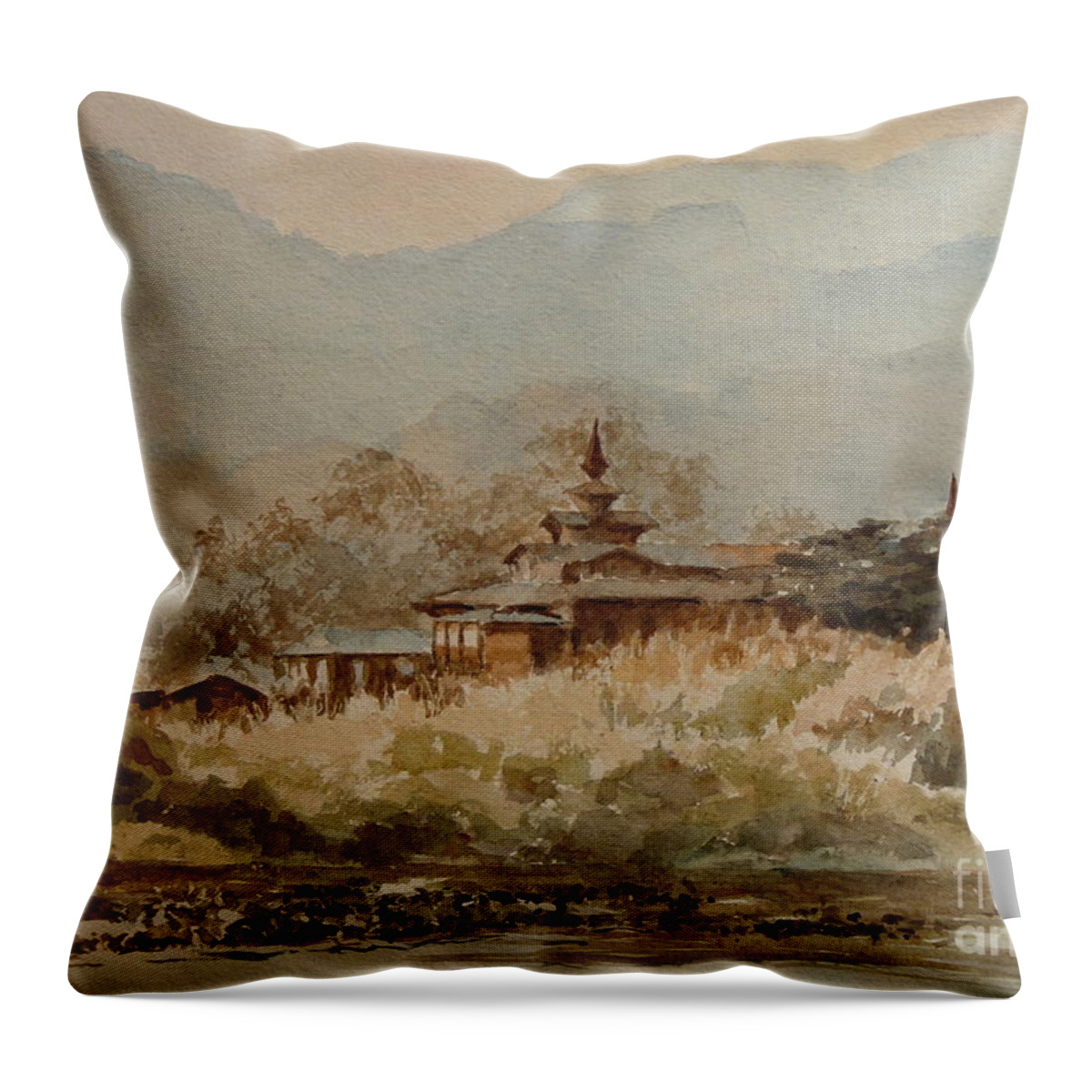 Travel Throw Pillow featuring the painting Monastery, Myay Cha by Clive Wilson