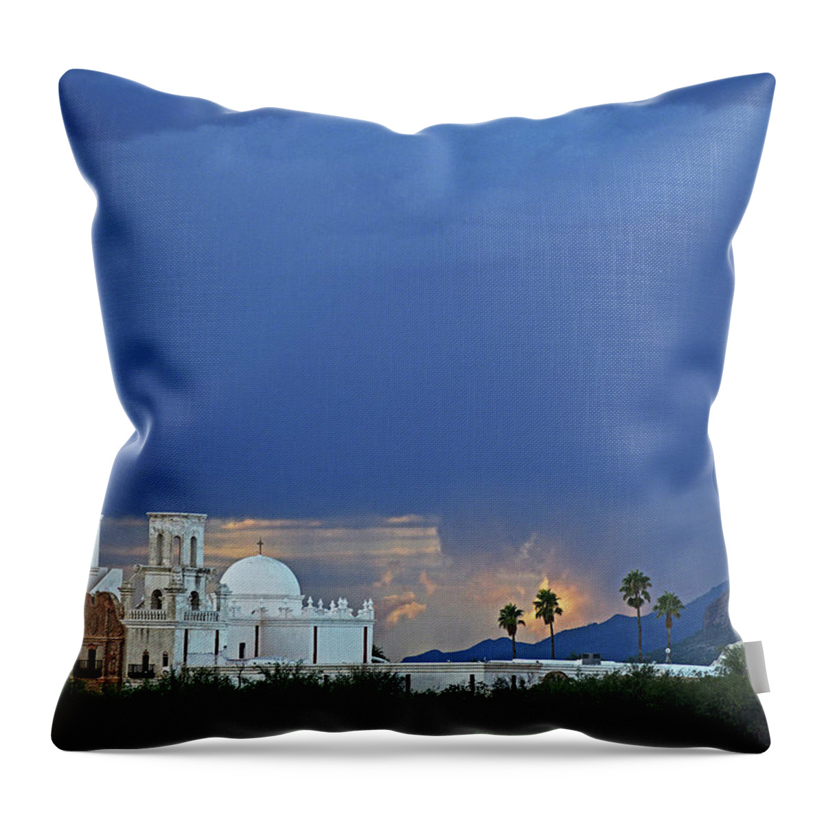 San Xavier Del Bac Mission Throw Pillow featuring the photograph Monsoon Skies over the Mission by Chance Kafka