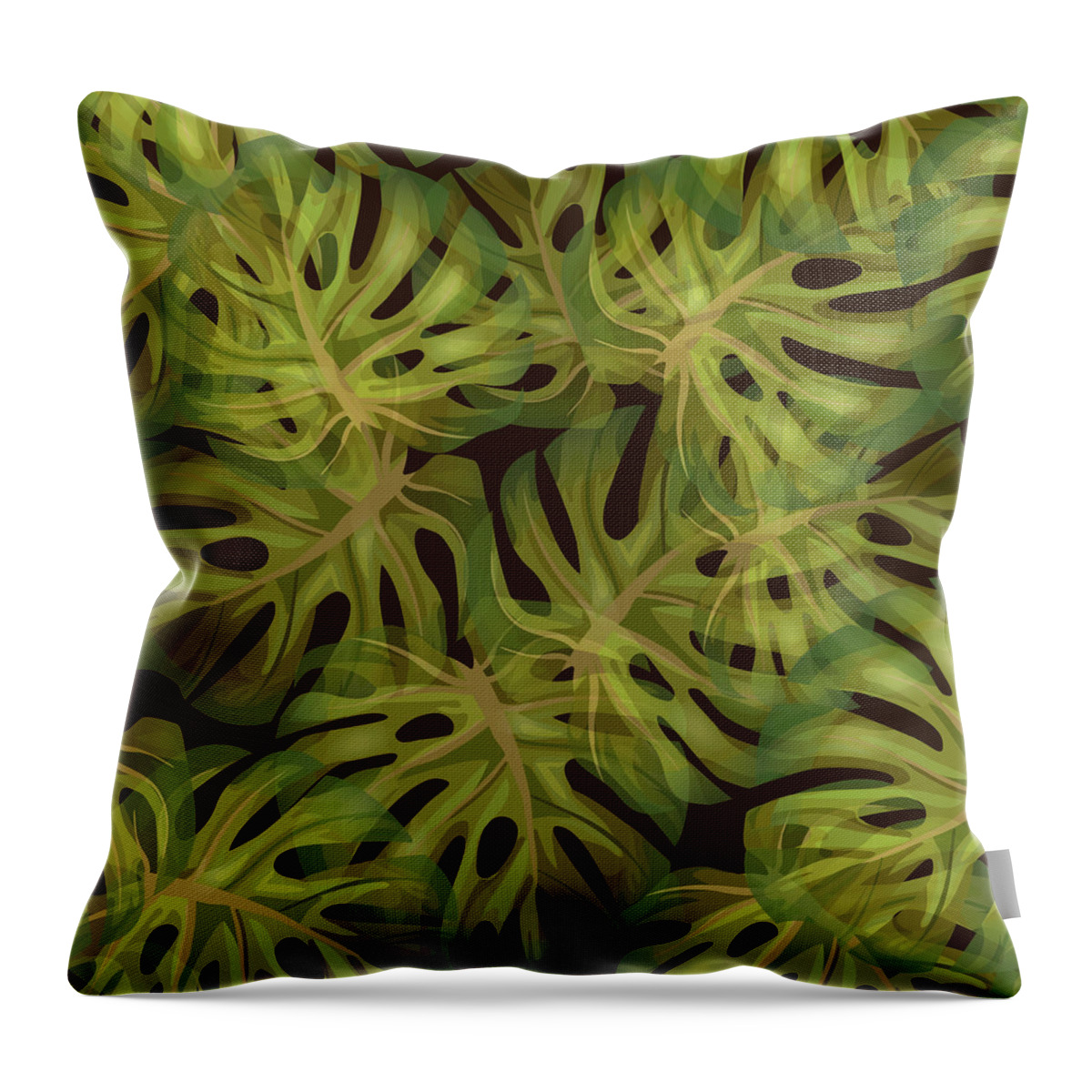 Monstera Throw Pillow featuring the mixed media Monstera Leaf Pattern 3 - Tropical Leaf Pattern - Dark Green - Tropical, Botanical Pattern Design by Studio Grafiikka