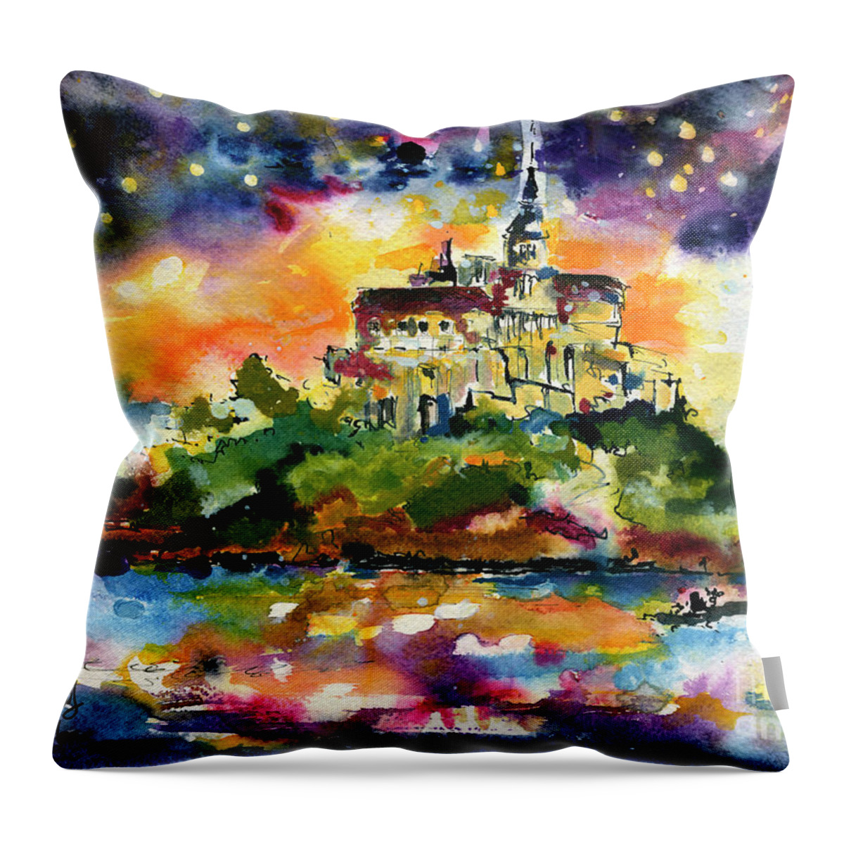 Mont Saint Michel Throw Pillow featuring the painting Mont Saint Michel France Watercolors by Ginette Callaway
