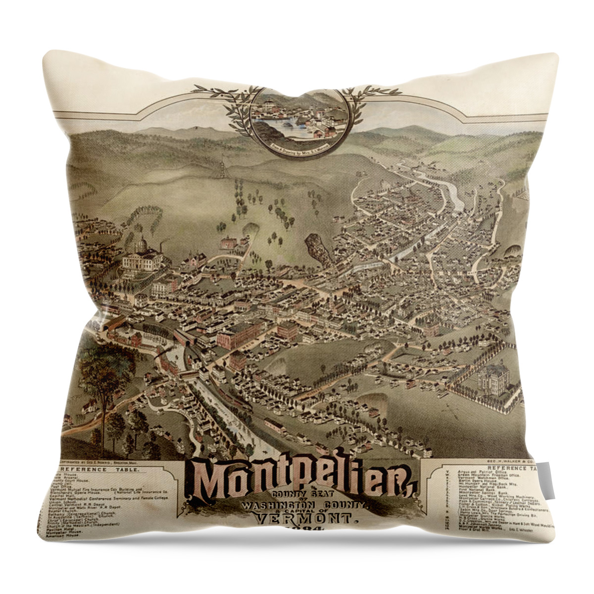 Birds-eye Throw Pillow featuring the painting Montpelier, Vermont 1884 by Unknown