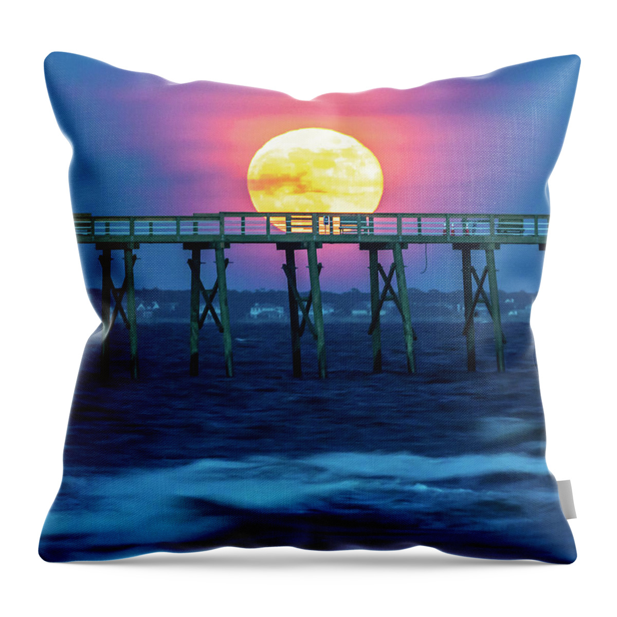 Moon Throw Pillow featuring the photograph Moon and Pier by Nick Noble