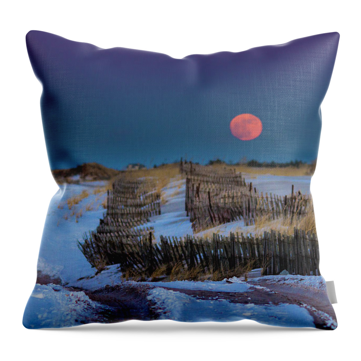 Moon Moonrise Cupsogue Beach Moriches Inlet Tide Jeep Off Road Fence Westhampton New York Ny Long Island Hampton Hamptons Sand East Coast Coastal Atlantic Ocean Throw Pillow featuring the photograph Moonrise Cupsogue Outer Beach by Robert Seifert