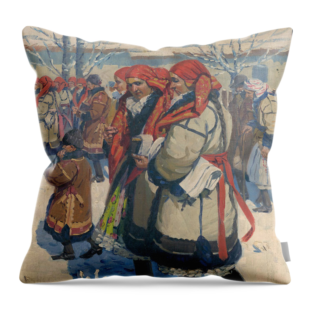 Moravian Slovaks In The Winter Throw Pillow featuring the painting Moravian Slovaks in the winter by Antos Frolka