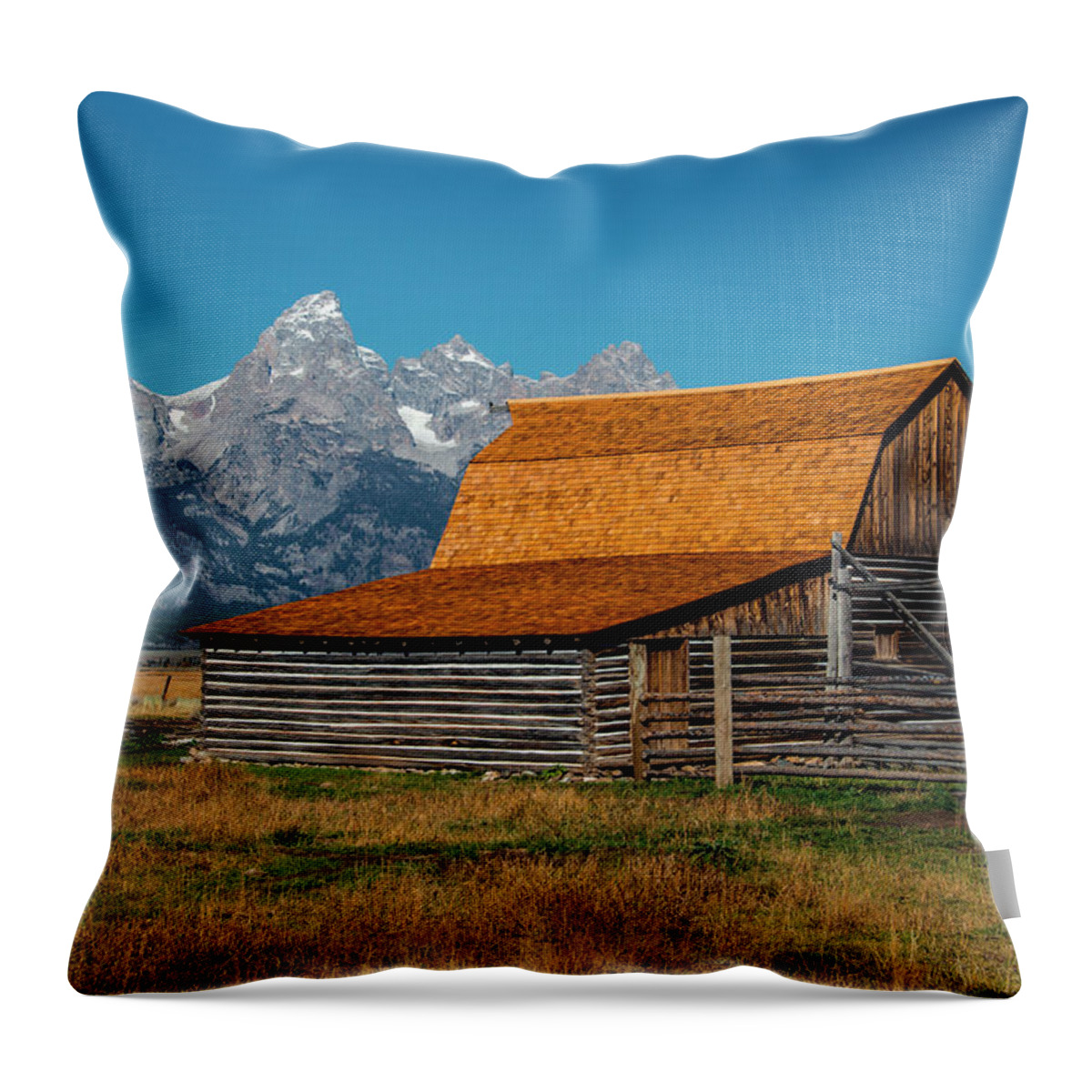 Grand Tetons Throw Pillow featuring the photograph Mormons Barn 3779 by Donald Brown