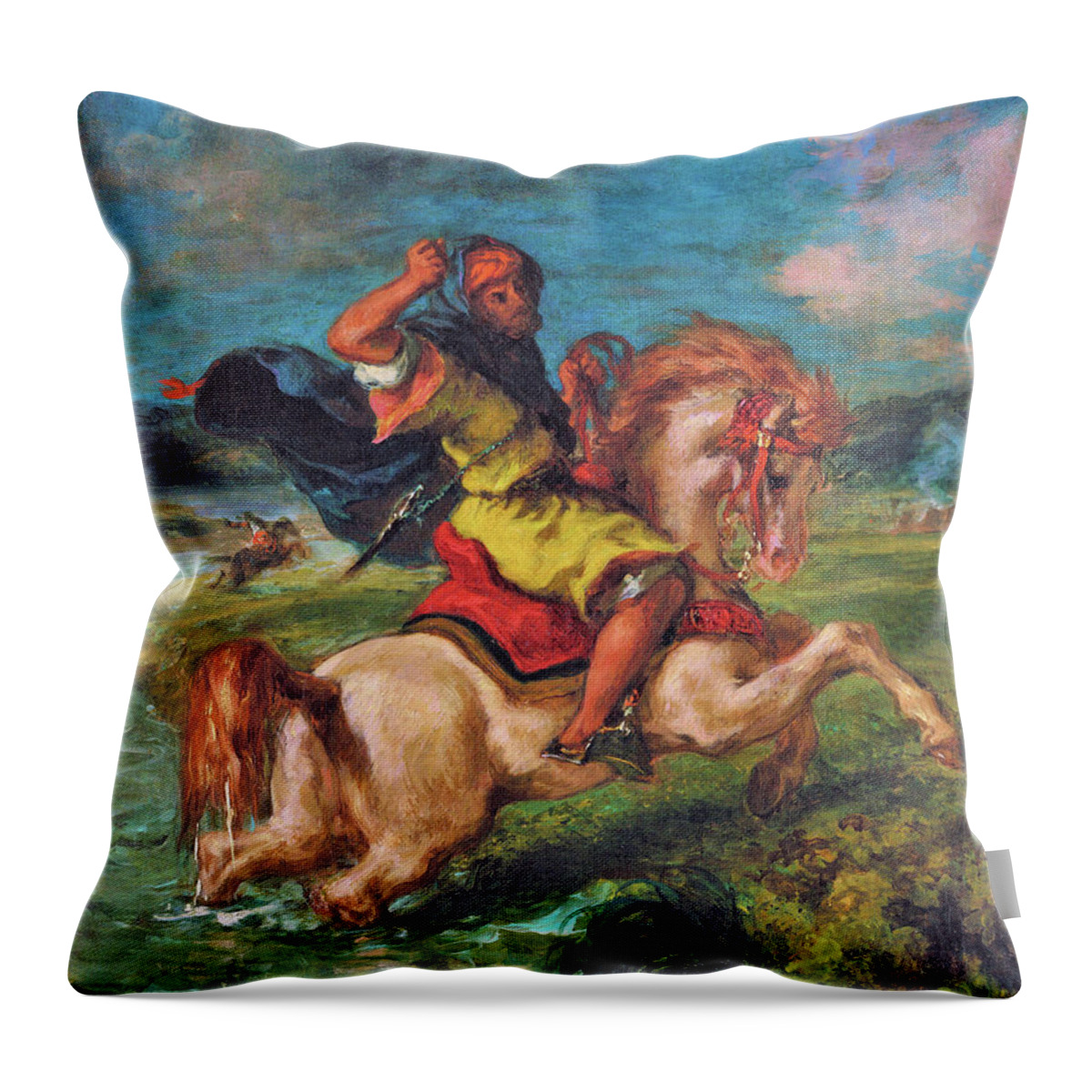 Moroccan Horseman Crossing A Ford Throw Pillow featuring the painting Moroccan Horseman Crossing a Ford - Digital Remastered Edition by Eugene Delacroix