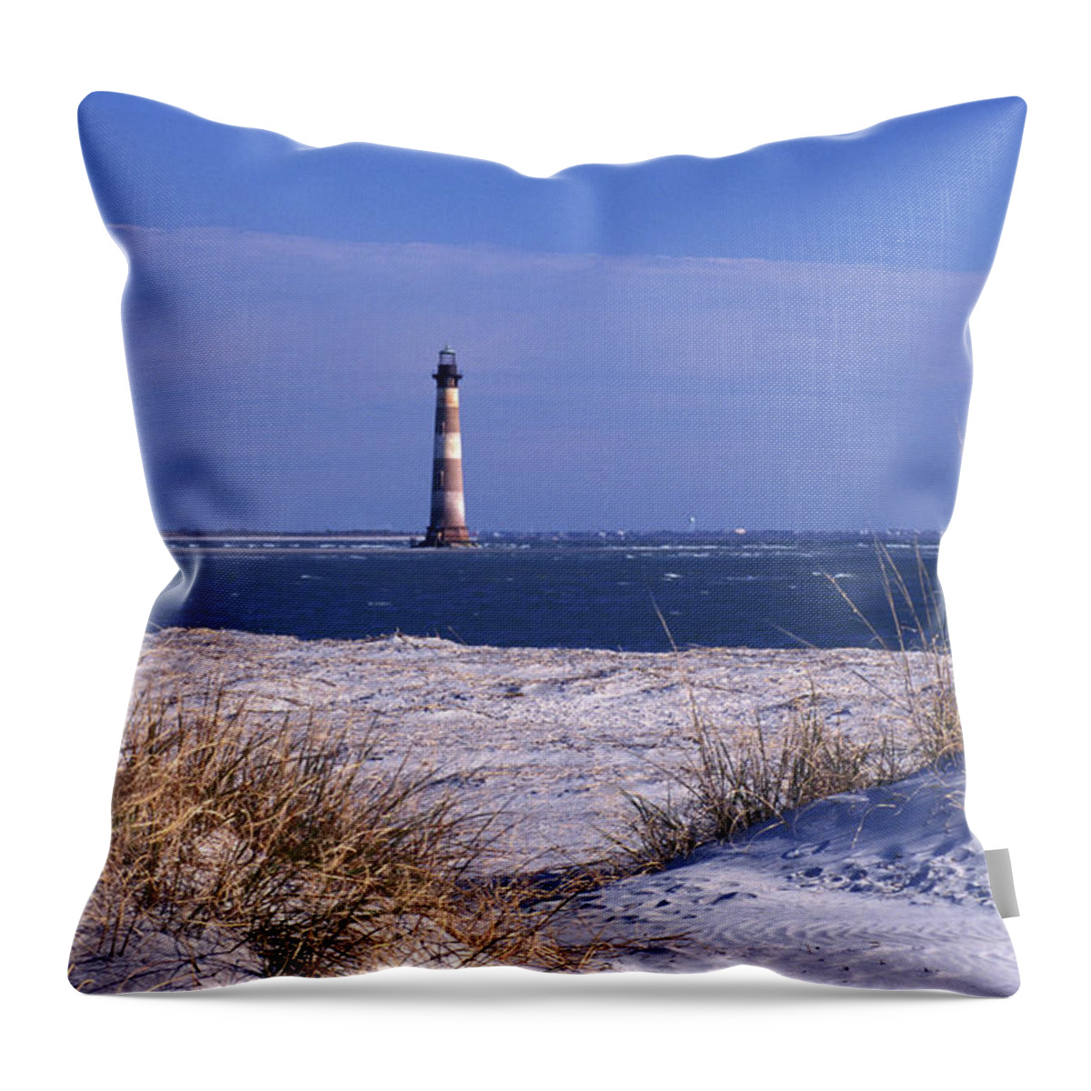 Water's Edge Throw Pillow featuring the photograph Morris Island Lighthouse At Folley Beach by Photorx
