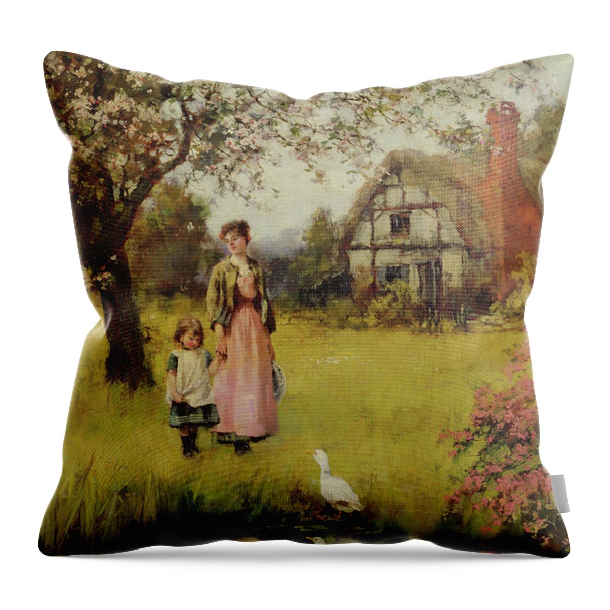 King Throw Pillow featuring the painting Mother and Child Watching the Ducks by Henry John Yeend King