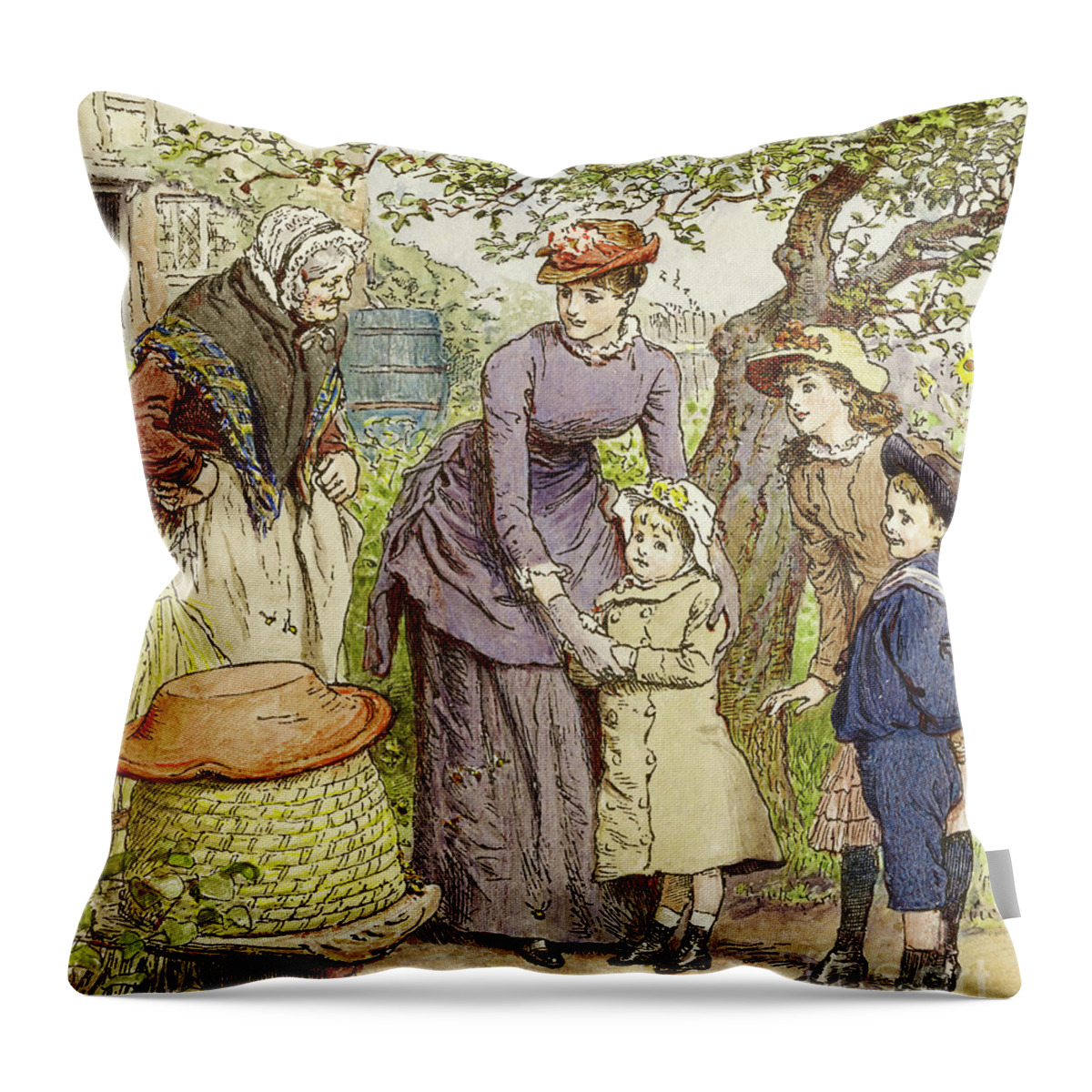 Victorian Throw Pillow featuring the painting Mother and Children by a Beehive by Robert Barnes