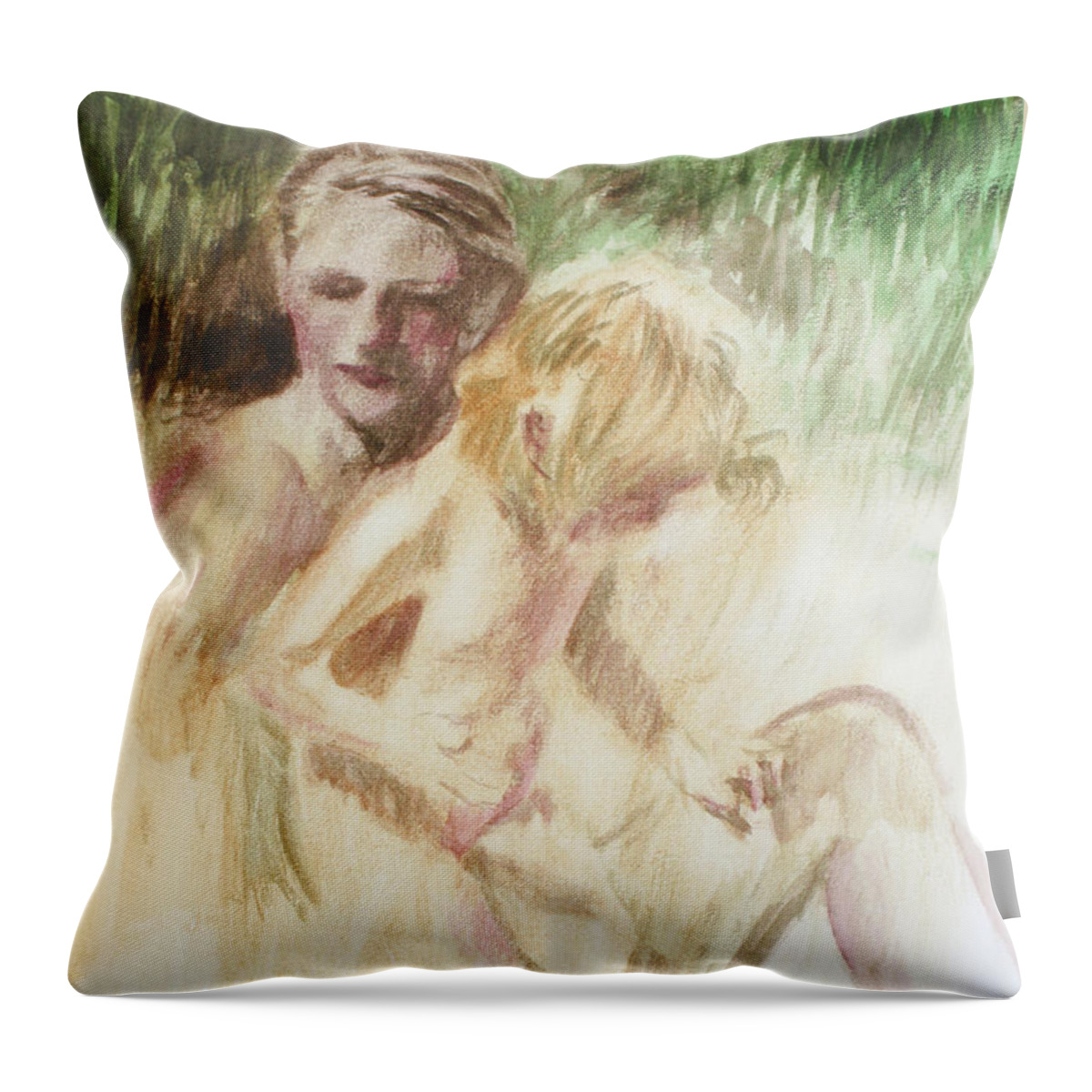 Family Throw Pillow featuring the painting Mother and Daughter at the Beach by Hans Egil Saele