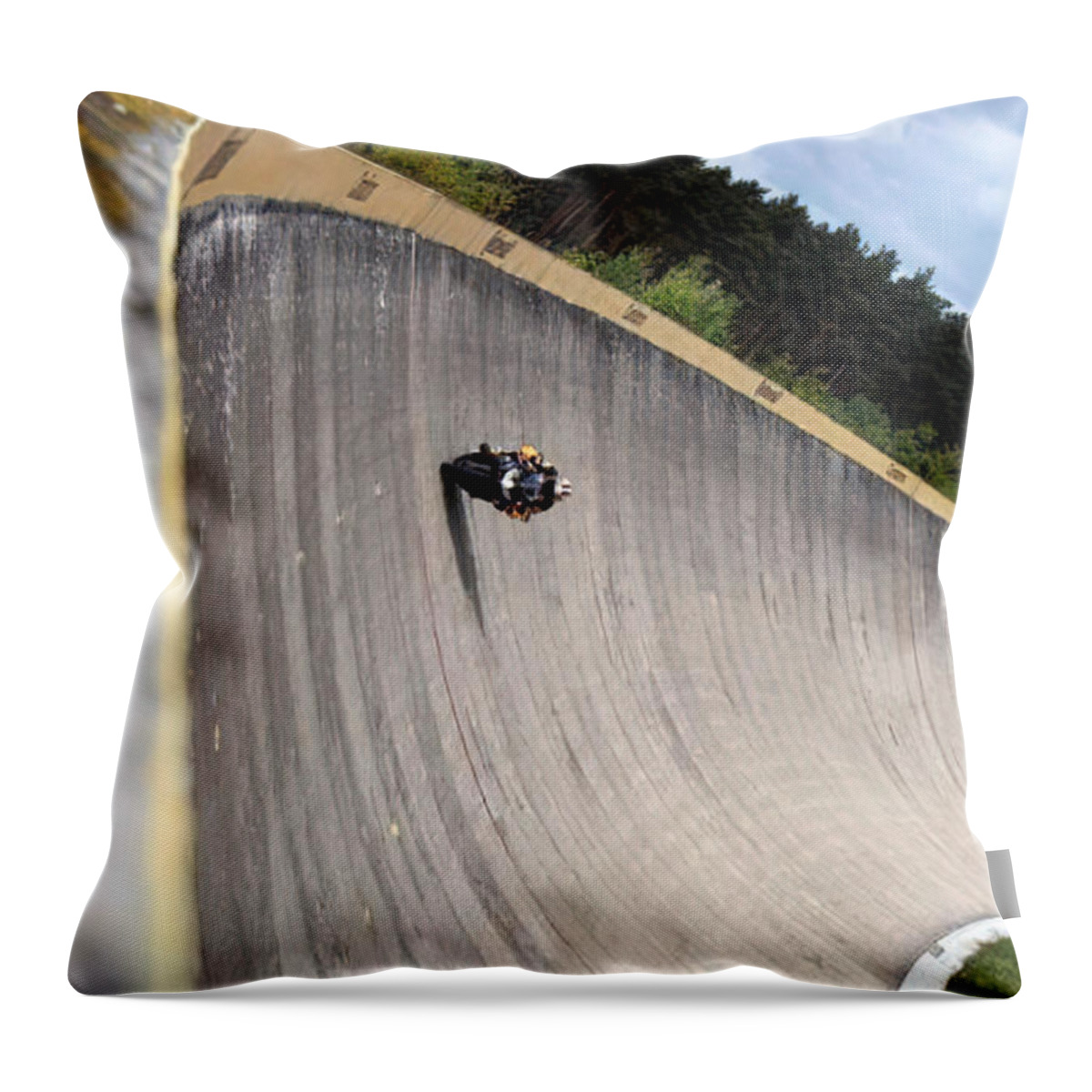 Vintage Throw Pillow featuring the photograph Motorcycle Racing On Steep Banked Race Track by Retrographs
