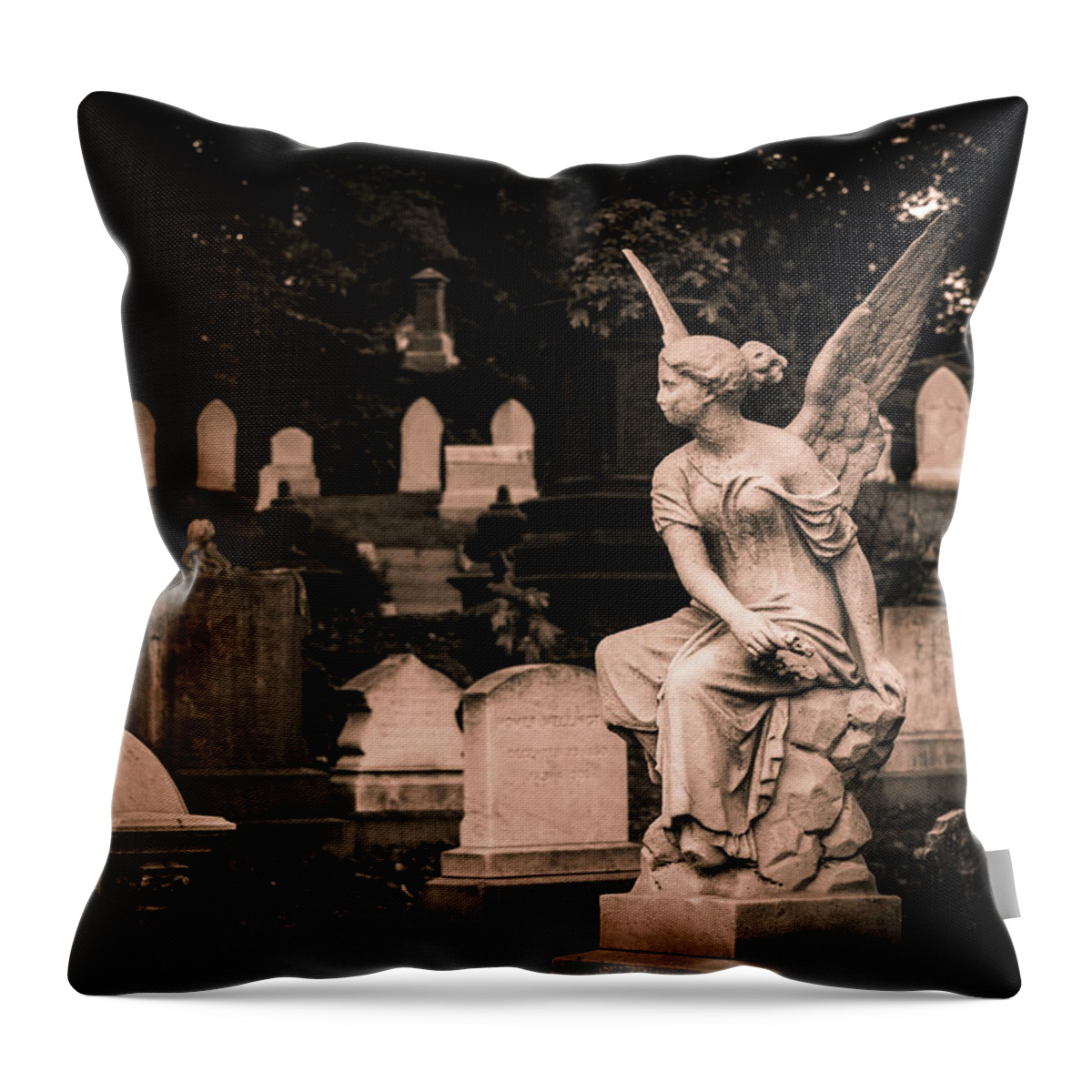 Mount Auburn Cemetery Throw Pillow featuring the photograph Mount Auburn Cemetery Guardian Angel by Michael Saunders