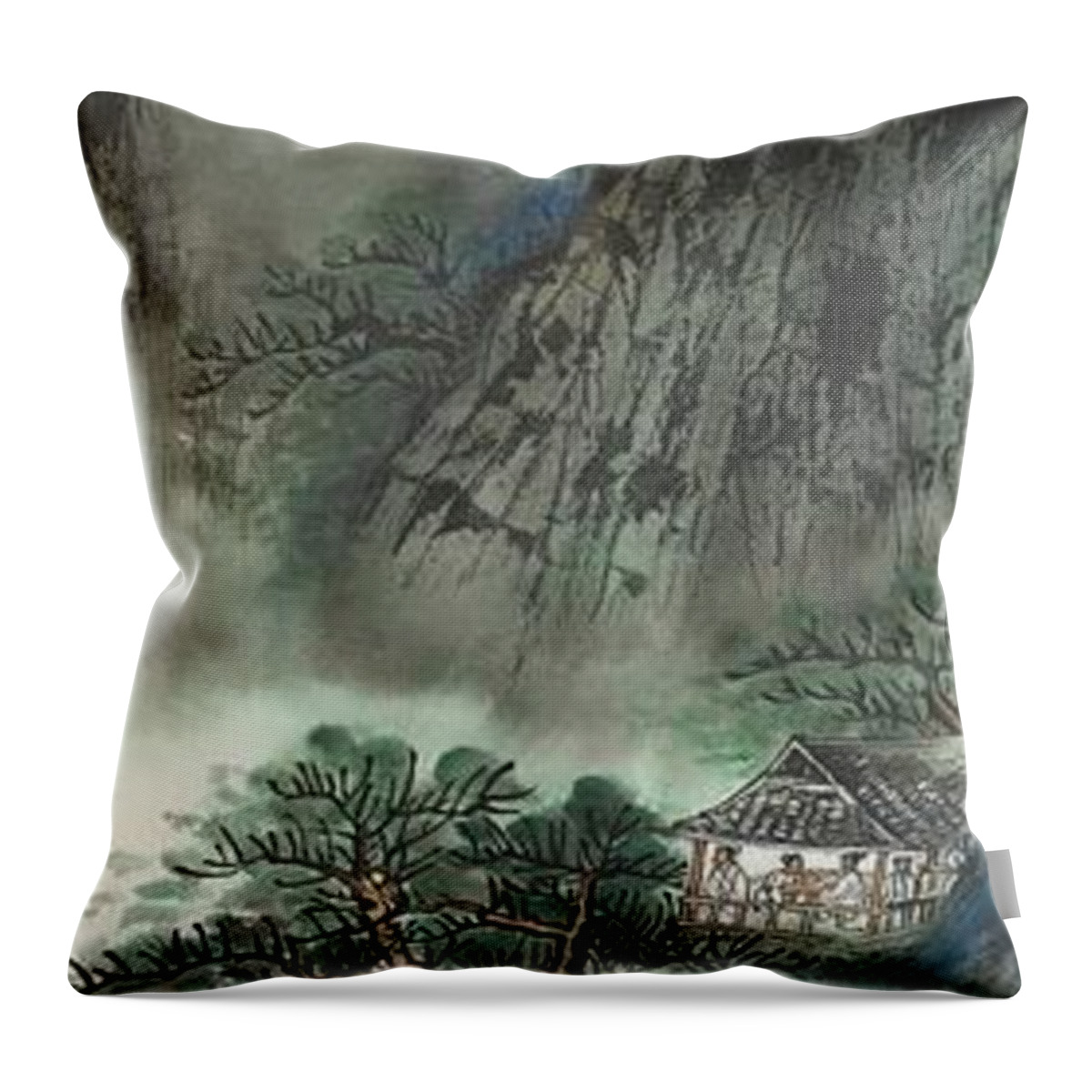 Chinese Watercolor Throw Pillow featuring the painting Mountain Retreat by Jenny Sanders