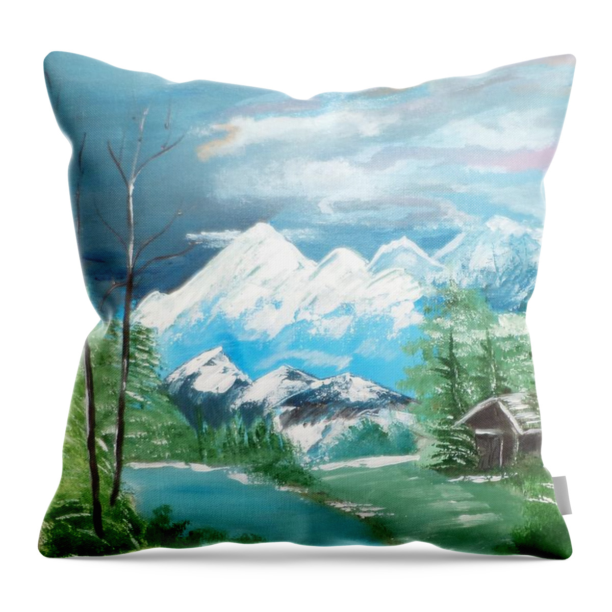 Mountains Throw Pillow featuring the painting Mountain Shack #213 by Donald Northup