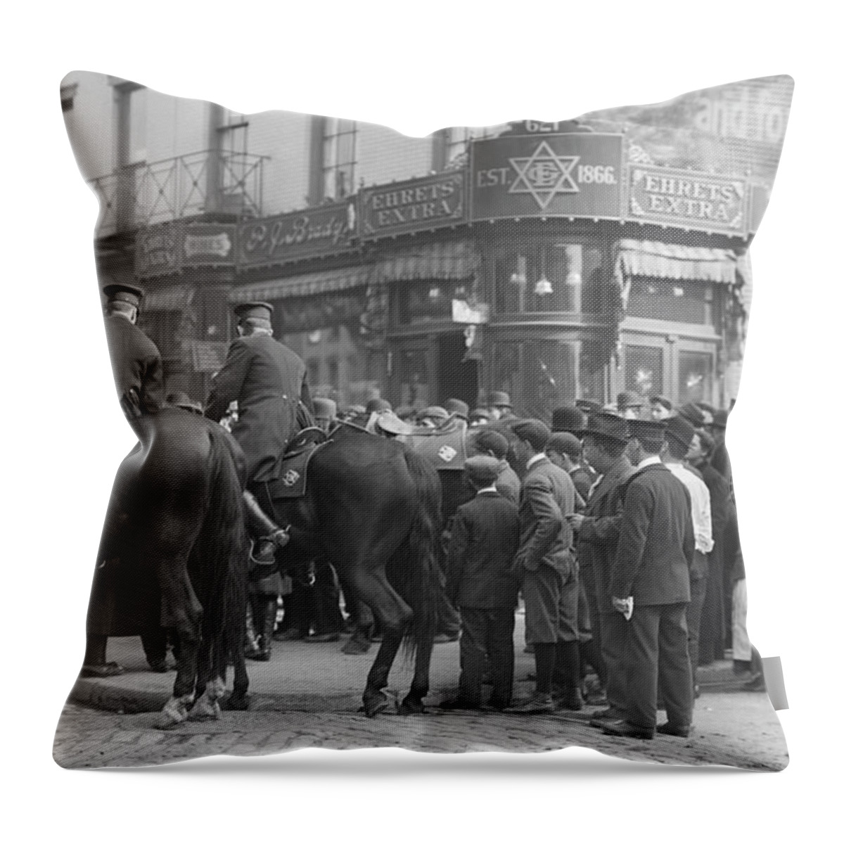 Mounted Throw Pillow featuring the painting Mounted Police attempt to control Labor riots in NYC by 