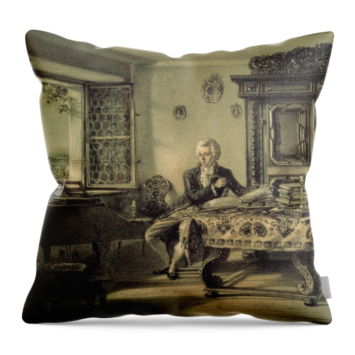 Johann Wolfgang Mozart Throw Pillow featuring the painting Mozart in his studio at Kahlenberg near Vienna, working on the 'Magic Flute'.-Lithograph by Rudol... by Album