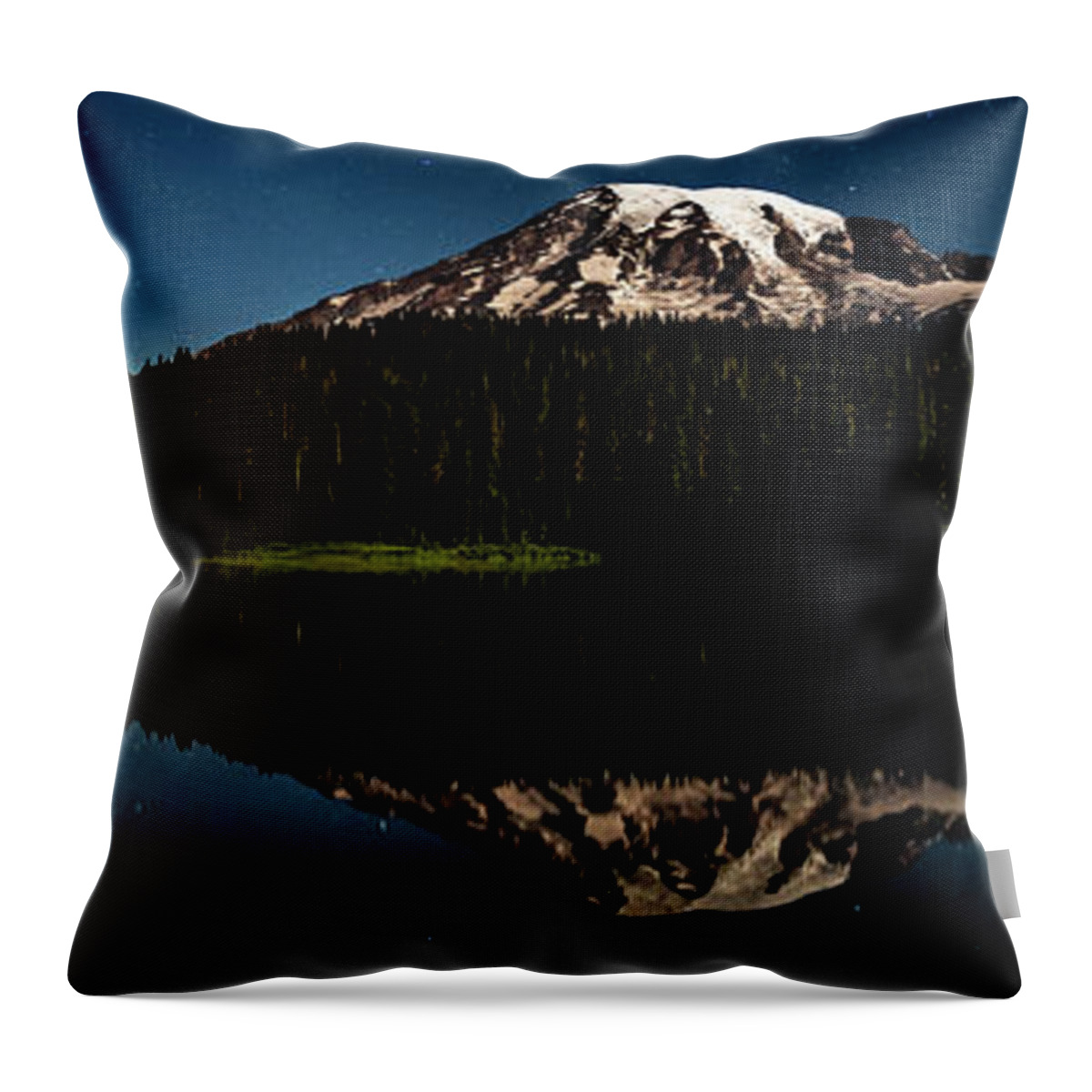 Mt. Rainier Throw Pillow featuring the pyrography Mt. Rainier and Reflection Lake, Panorama by Yoshiki Nakamura