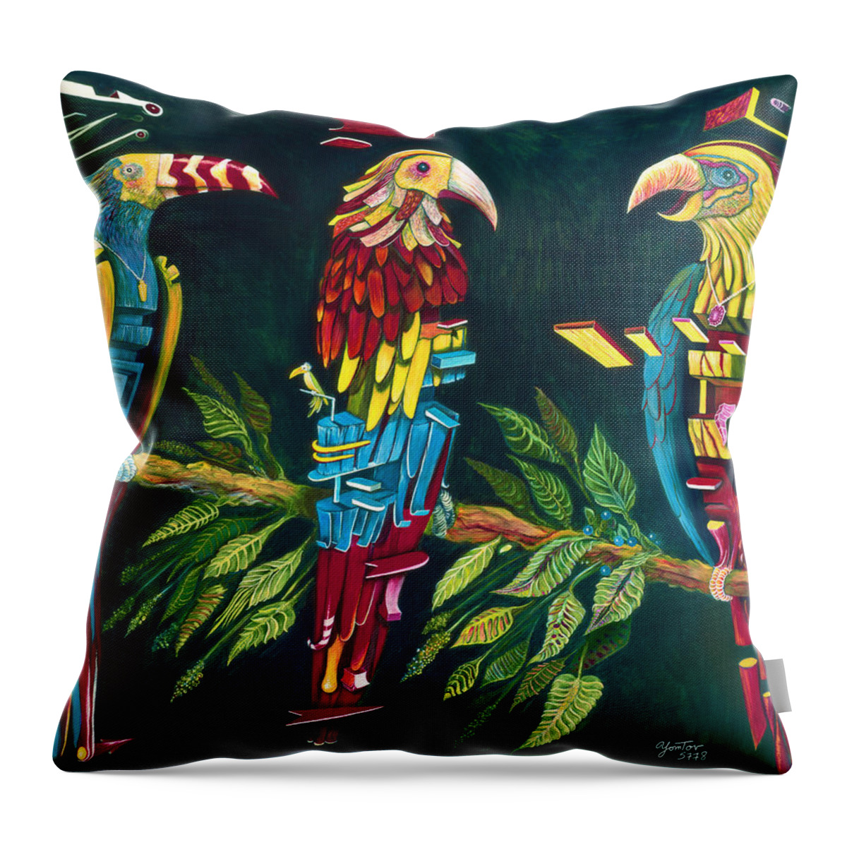Parrots Throw Pillow featuring the painting Munton Parrots by Yom Tov Blumenthal