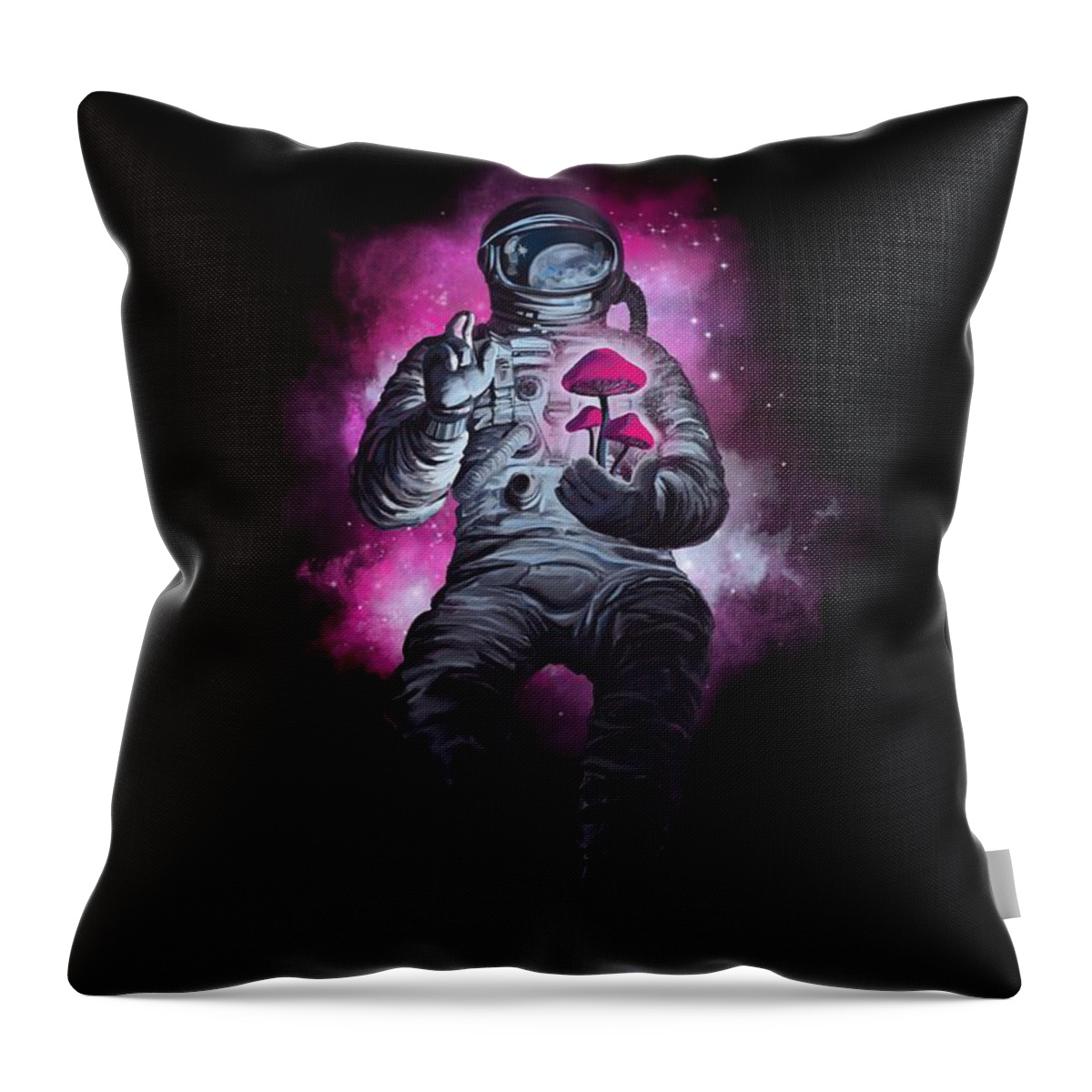 Space Travel Throw Pillow featuring the painting Mushroom Cosmonaut space traveller by Sassan Filsoof