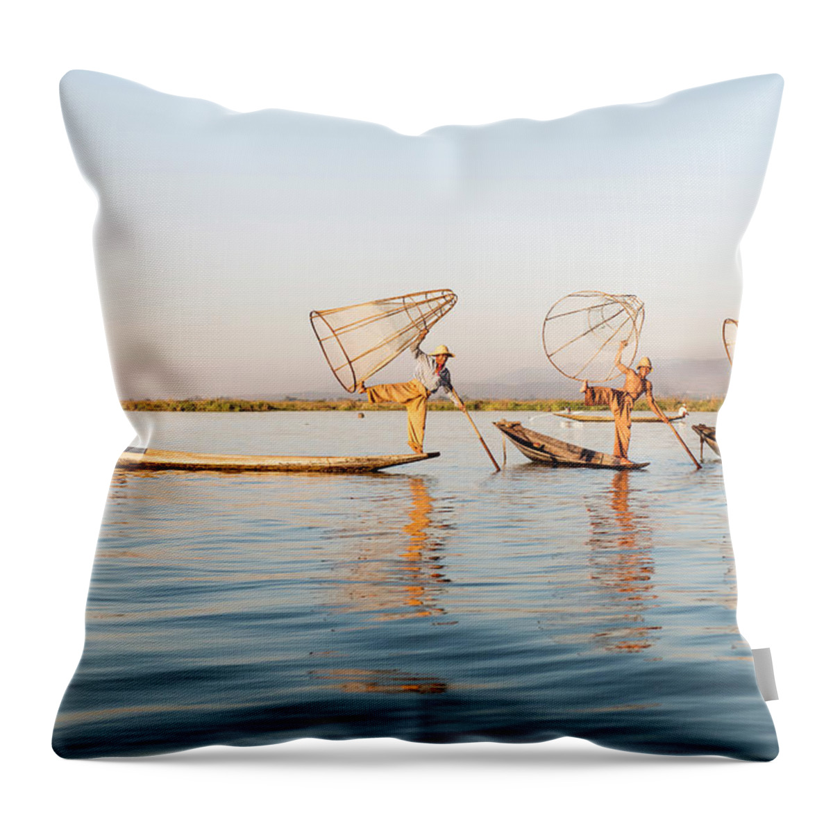 Estock Throw Pillow featuring the digital art Myanmar, Shan, Nyaungshwe, Traditional Fishermen On Inle Lake by Jordan Banks