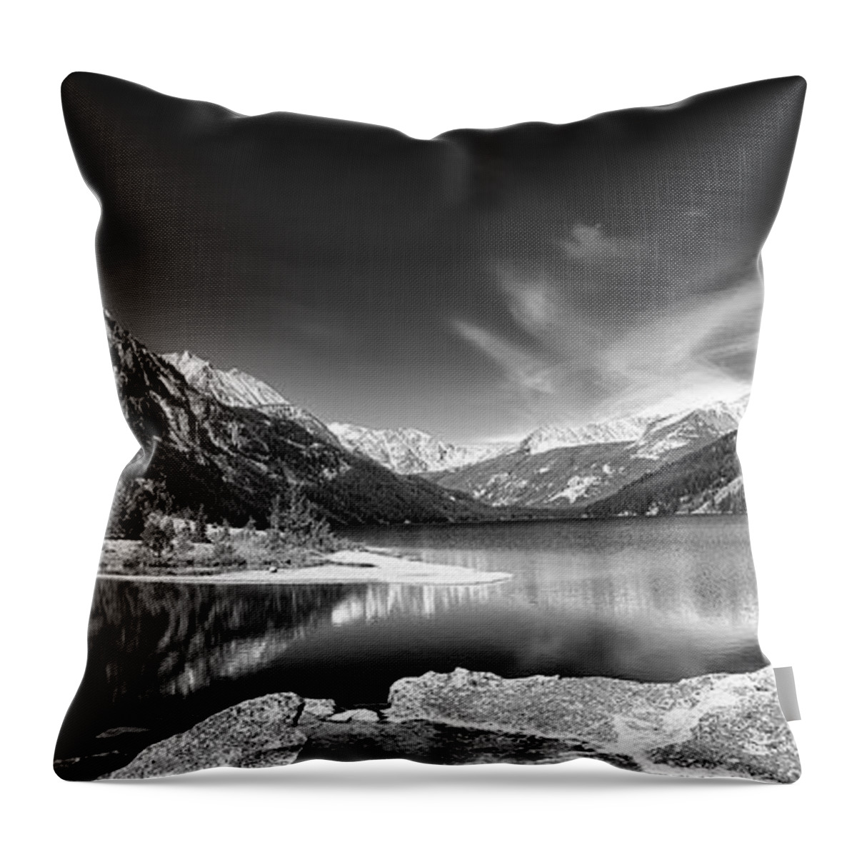 Beautiful Photos Throw Pillow featuring the photograph Mystic Lake Pano 2 bw by Roger Snyder