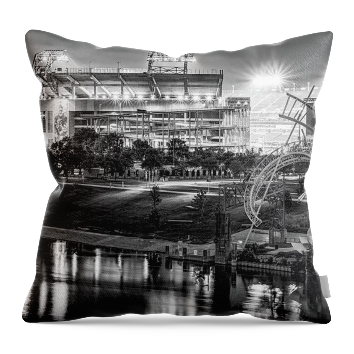 America Throw Pillow featuring the photograph Nashville Tennessee Football Stadium Panoramic - Black and White by Gregory Ballos