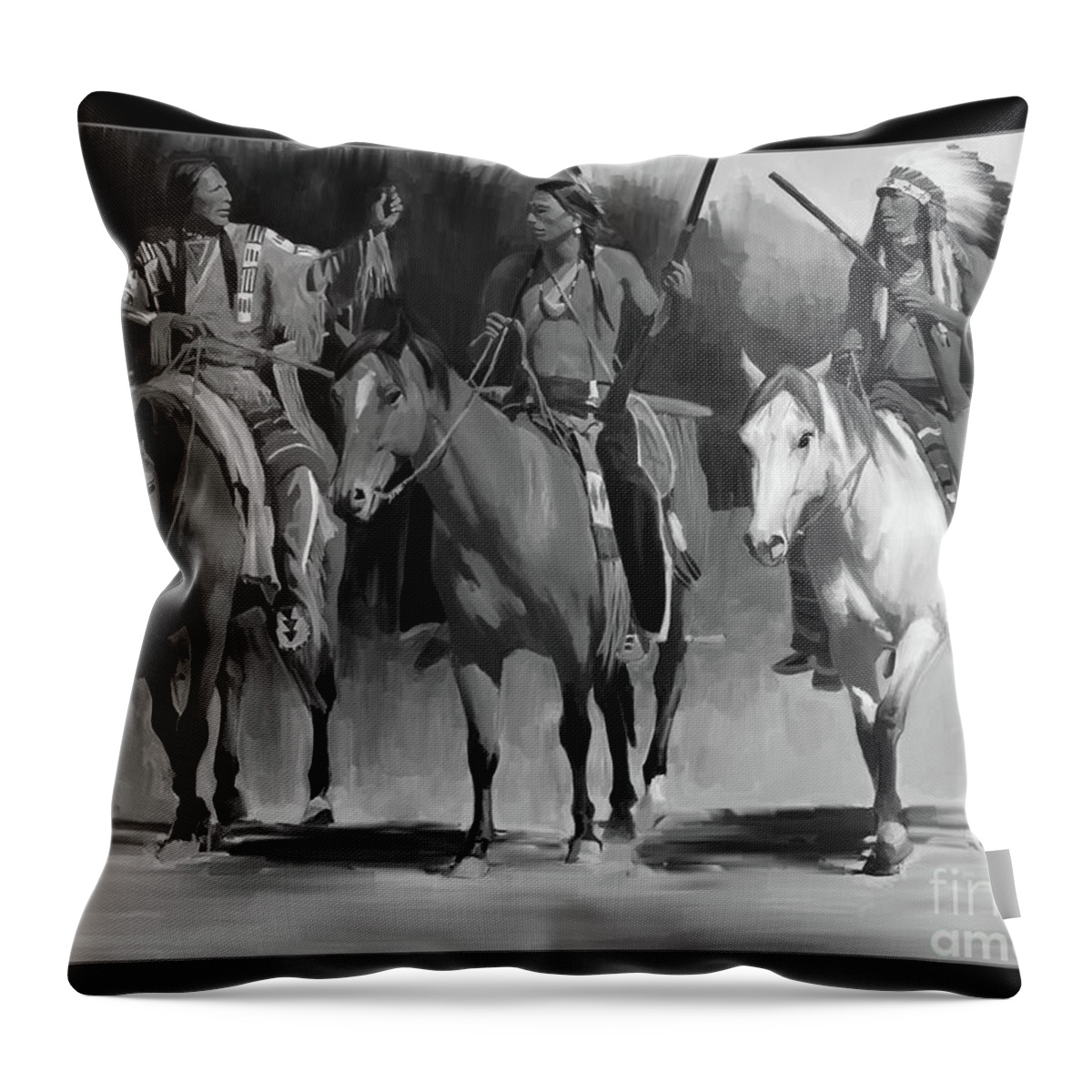 Native American Indian Throw Pillow featuring the painting Native American Black and White Portrait by Gull G