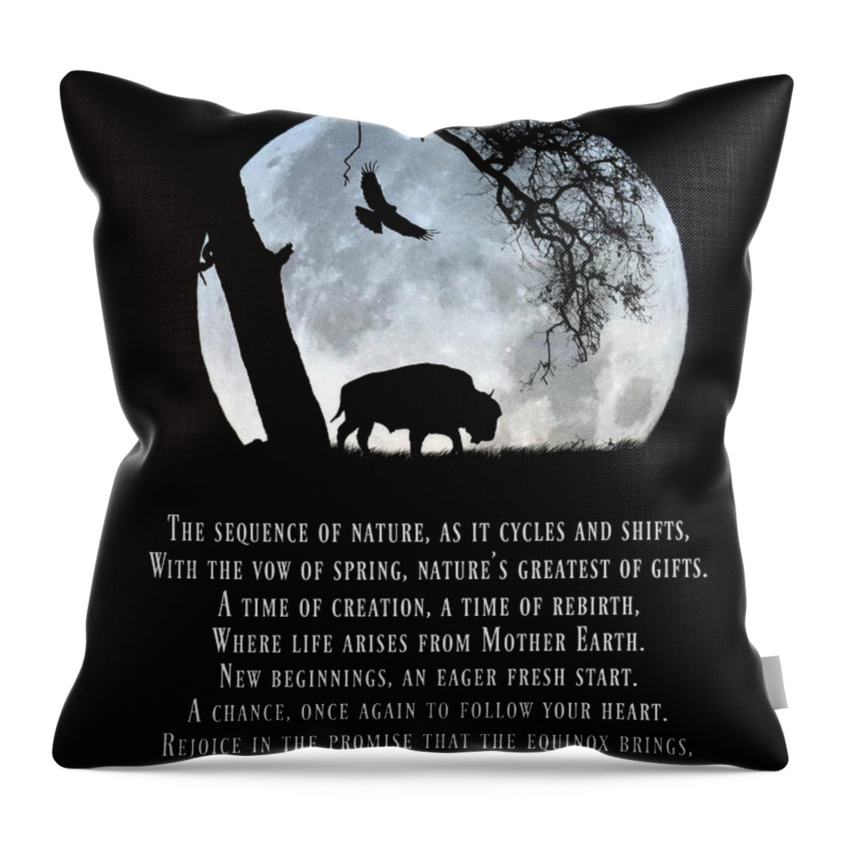 Spring Equinox Throw Pillow featuring the photograph Native American Inspired Spring Equinox Blessings Poem with Buffalo, Moon and Raven by Stephanie Laird