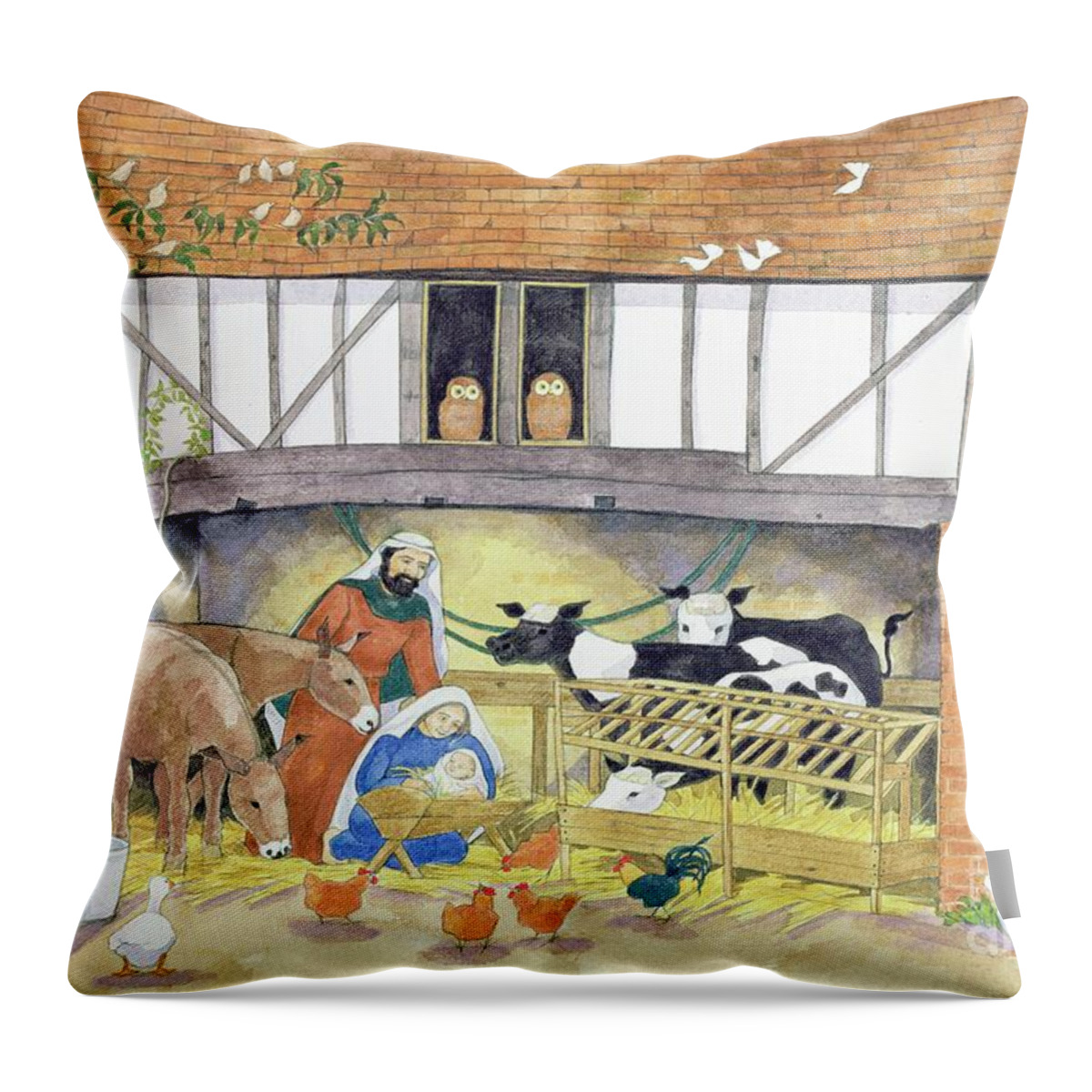 Birth Of Christ Throw Pillow featuring the painting Nativity by Linda Benton