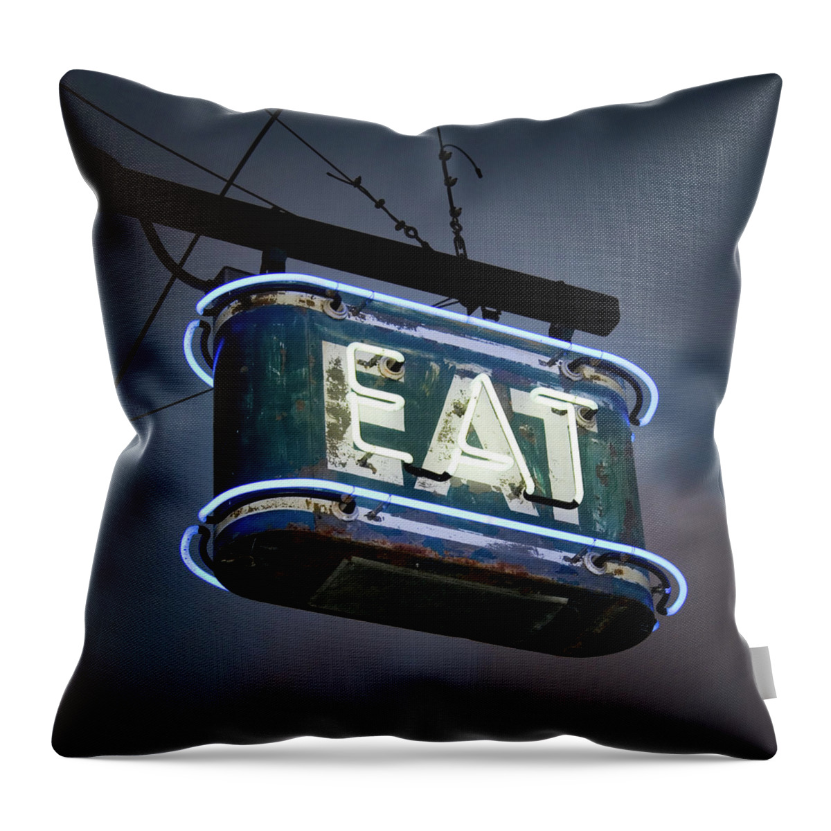 Hanging Throw Pillow featuring the photograph Neon Eat Sign by Kjohansen