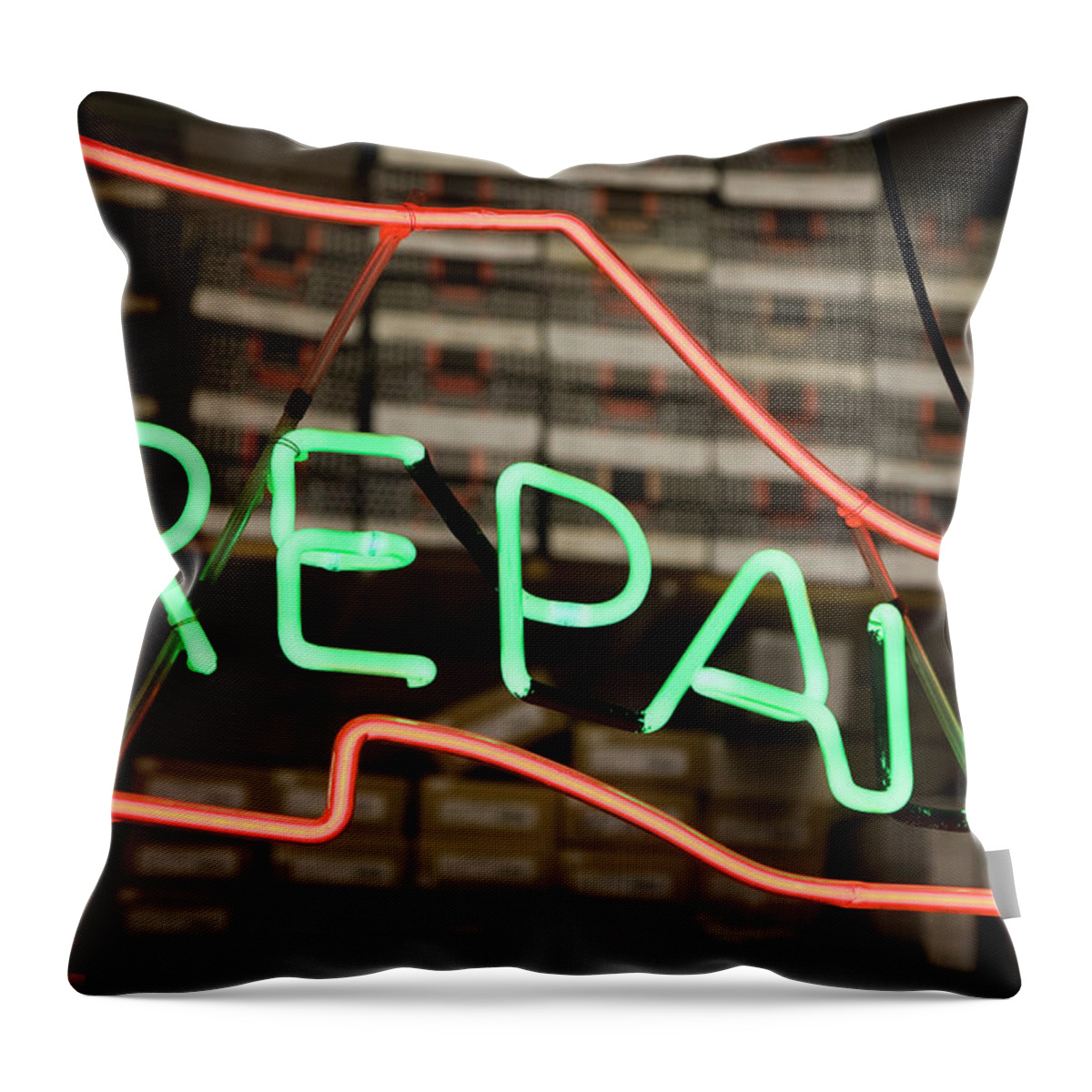 Retail Throw Pillow featuring the photograph Neon Shoe Repair Sign by Frederick Bass